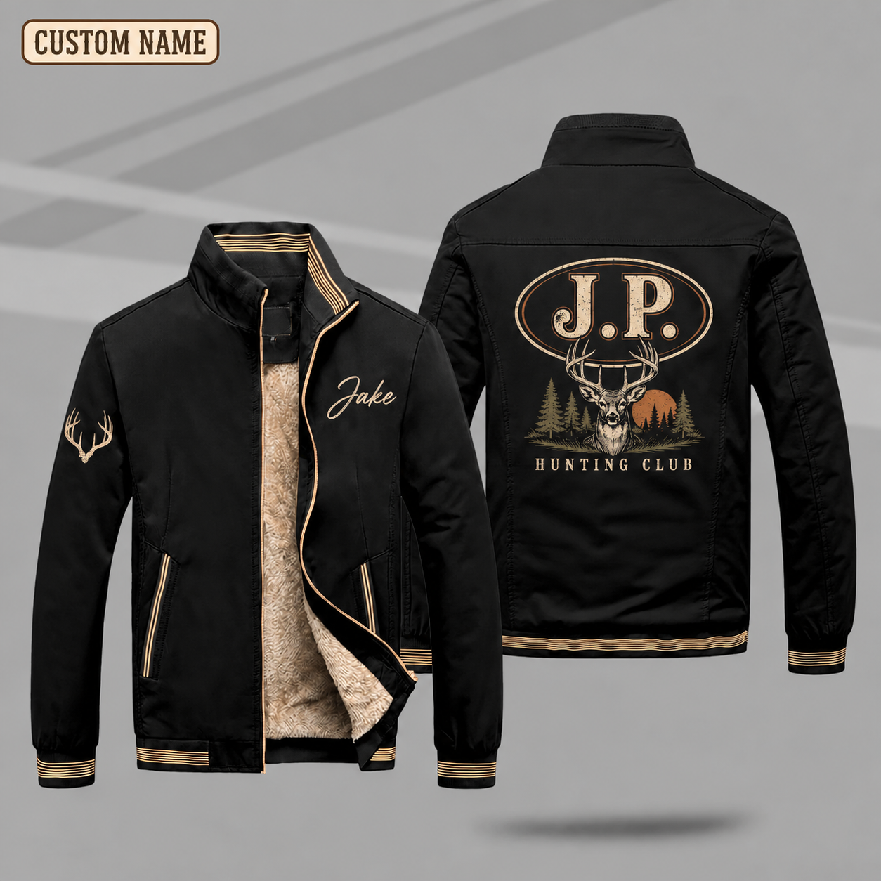 Fleece-Lined Stand Collar Jacket personalized with "J.P. Hunting Monogram" and whitetail buck head artwork on the back