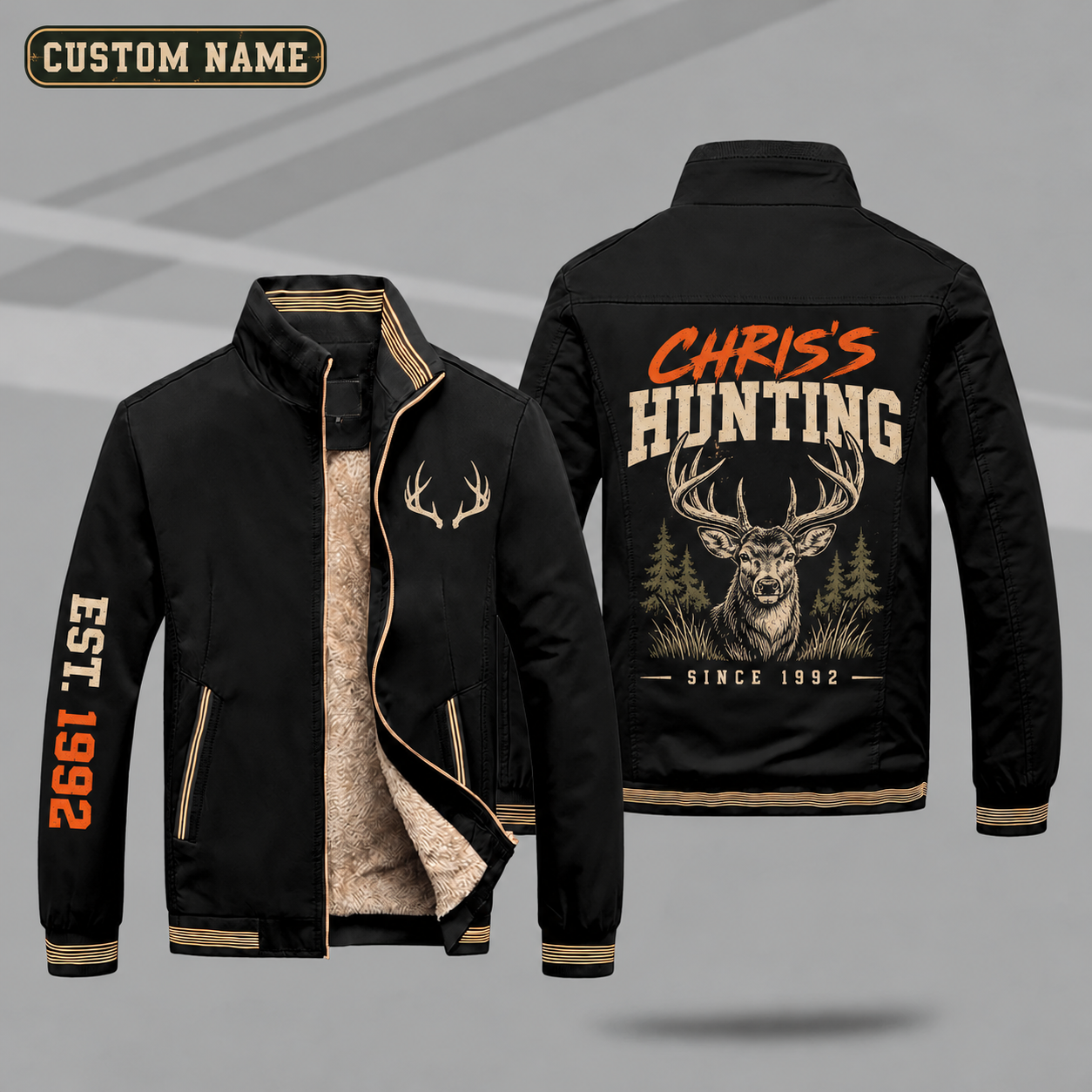 Fleece-Lined Stand Collar Jacket personalized with "Chris's Hunting Since 1992" and whitetail buck head artwork on the back