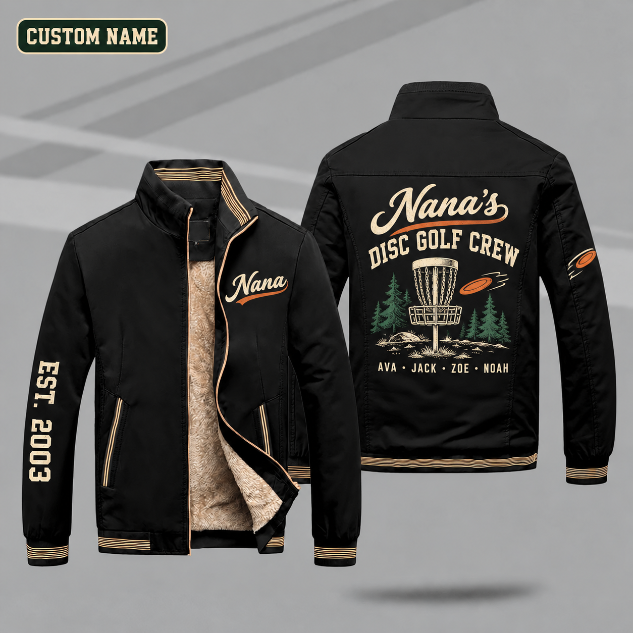 Fleece-Lined Stand Collar Jacket personalized with "Nana's Disc Golf Crew" and disc golf basket artwork on the back