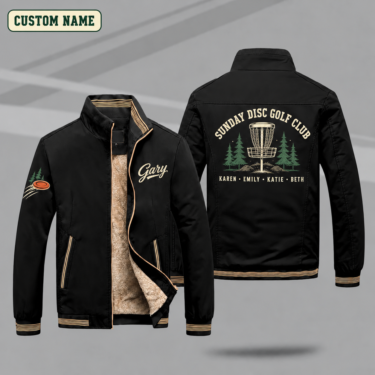 Fleece-Lined Stand Collar Jacket personalized with "Sunday Disc Golf Club" and disc golf basket artwork on the back