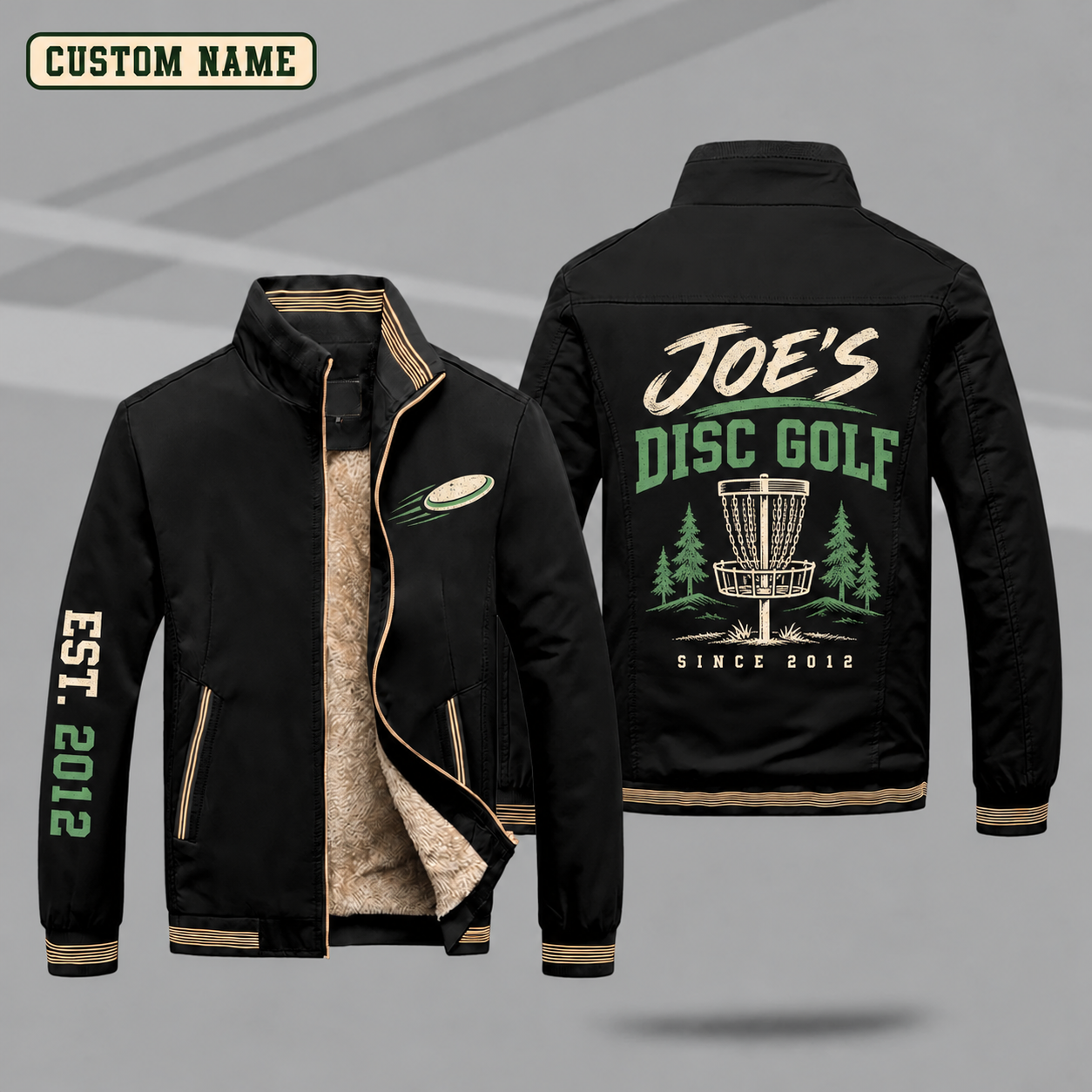 Fleece-Lined Stand Collar Jacket personalized with "Joe's Disc Golf Since 2012" and disc golf basket artwork on the back
