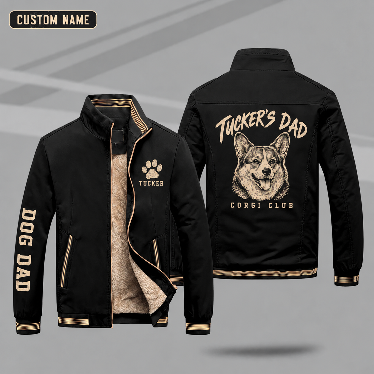 Fleece-Lined Stand Collar Jacket personalized with "Corgi Dad" and corgi head artwork on the back