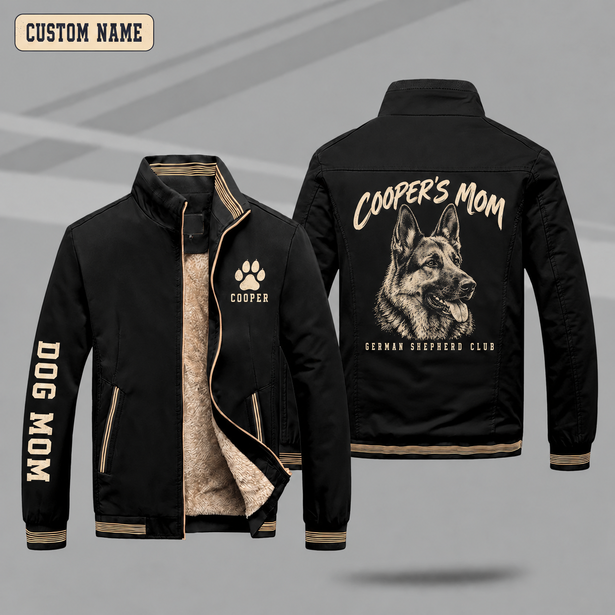 Fleece-Lined Stand Collar Jacket personalized with "German Shepherd Mom" and german shepherd head artwork on the back