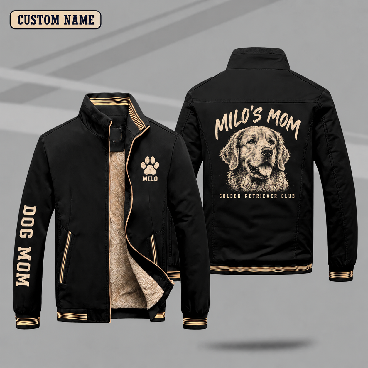 Fleece-Lined Stand Collar Jacket personalized with "Golden Retriever Mom" and golden retriever head artwork on the back