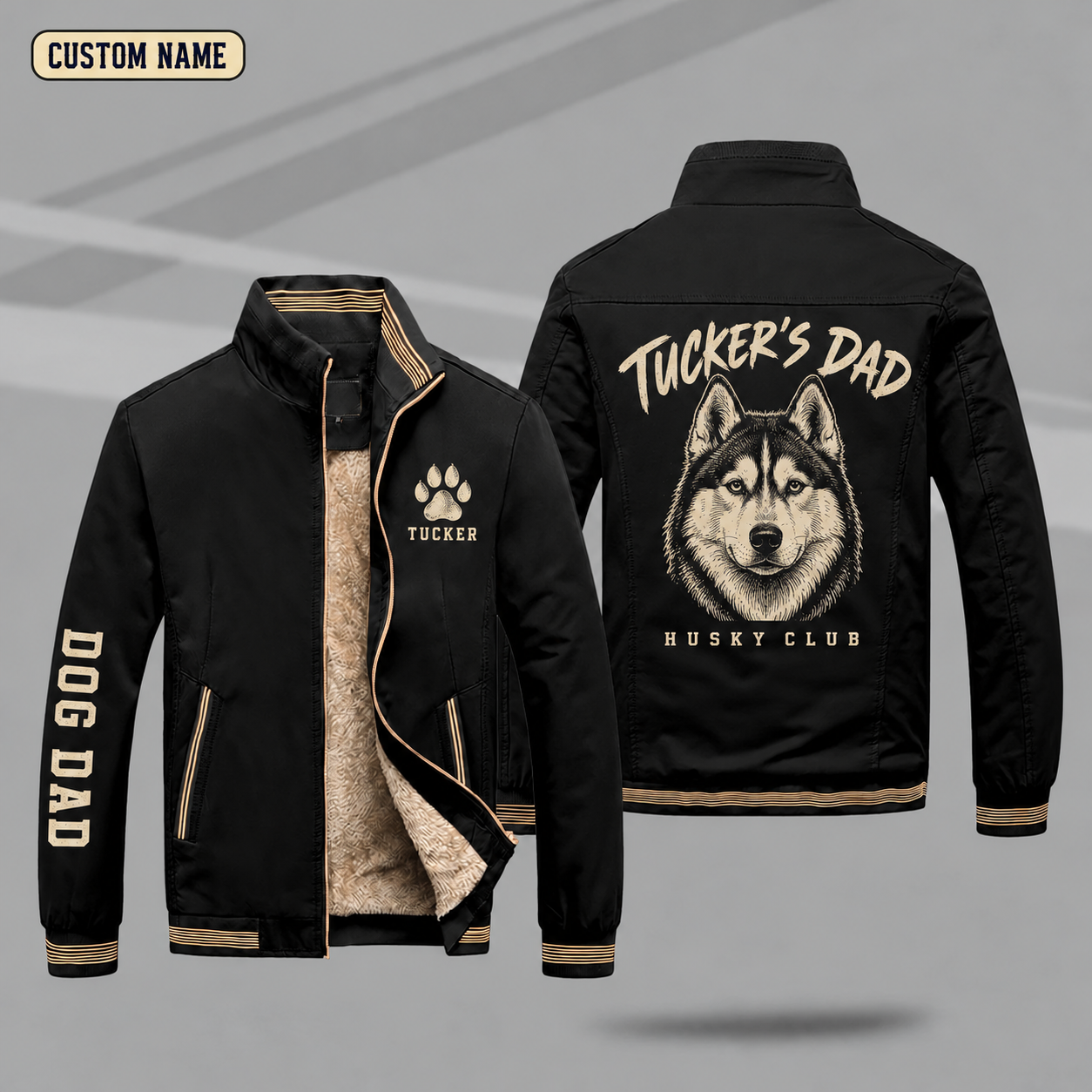 Fleece-Lined Stand Collar Jacket personalized with "Husky Dad" and husky head artwork on the back