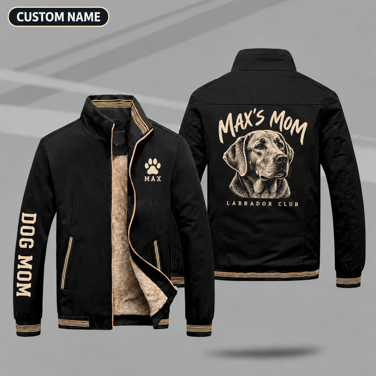 Fleece-Lined Stand Collar Jacket personalized with "Labrador Mom" and labrador head artwork on the back