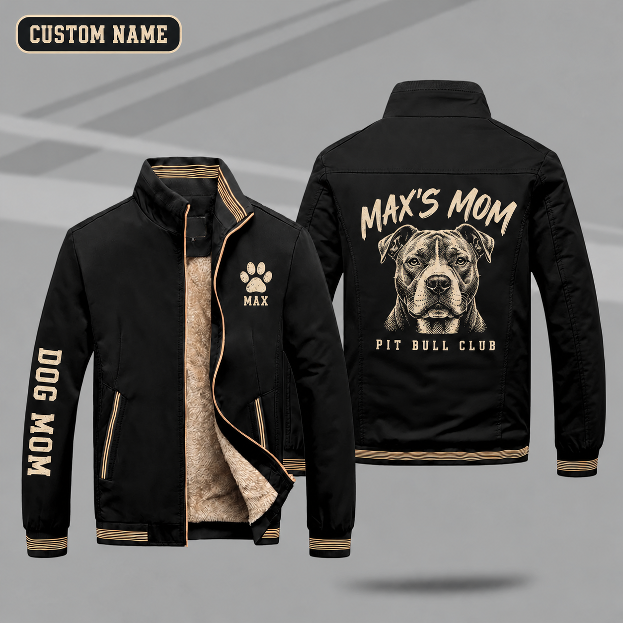 Fleece-Lined Stand Collar Jacket personalized with "Pit Bull Mom" and pit bull head artwork on the back
