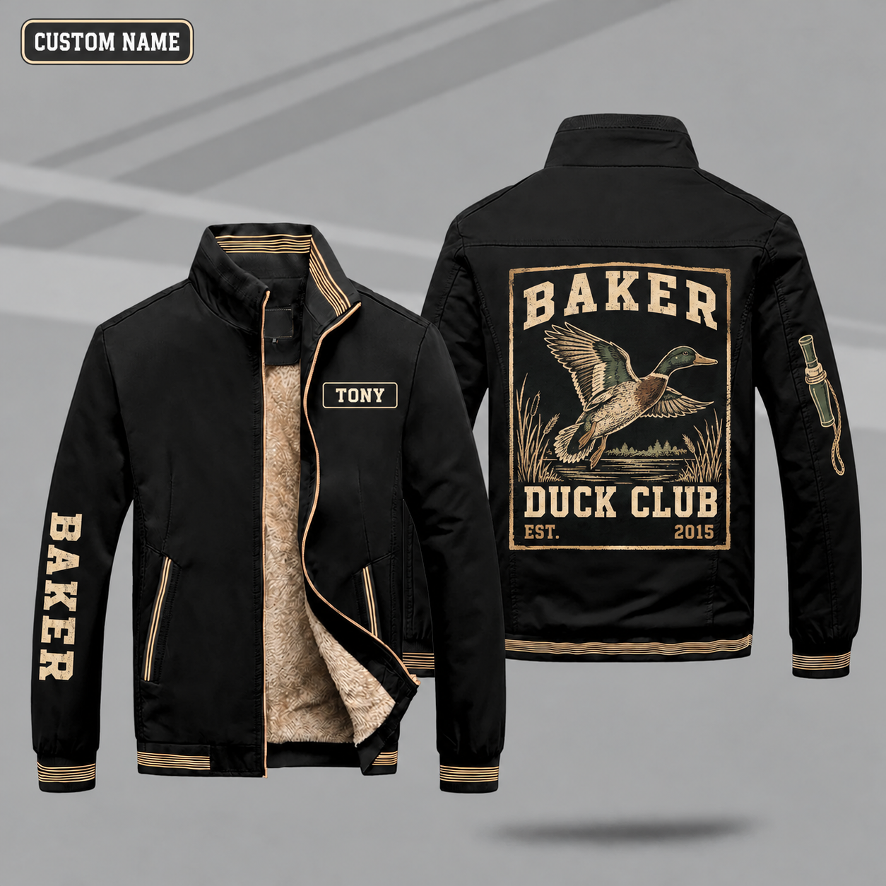 Fleece-Lined Stand Collar Jacket personalized with "Baker Duck Club Est. 2015" and mallard in flight artwork on the back