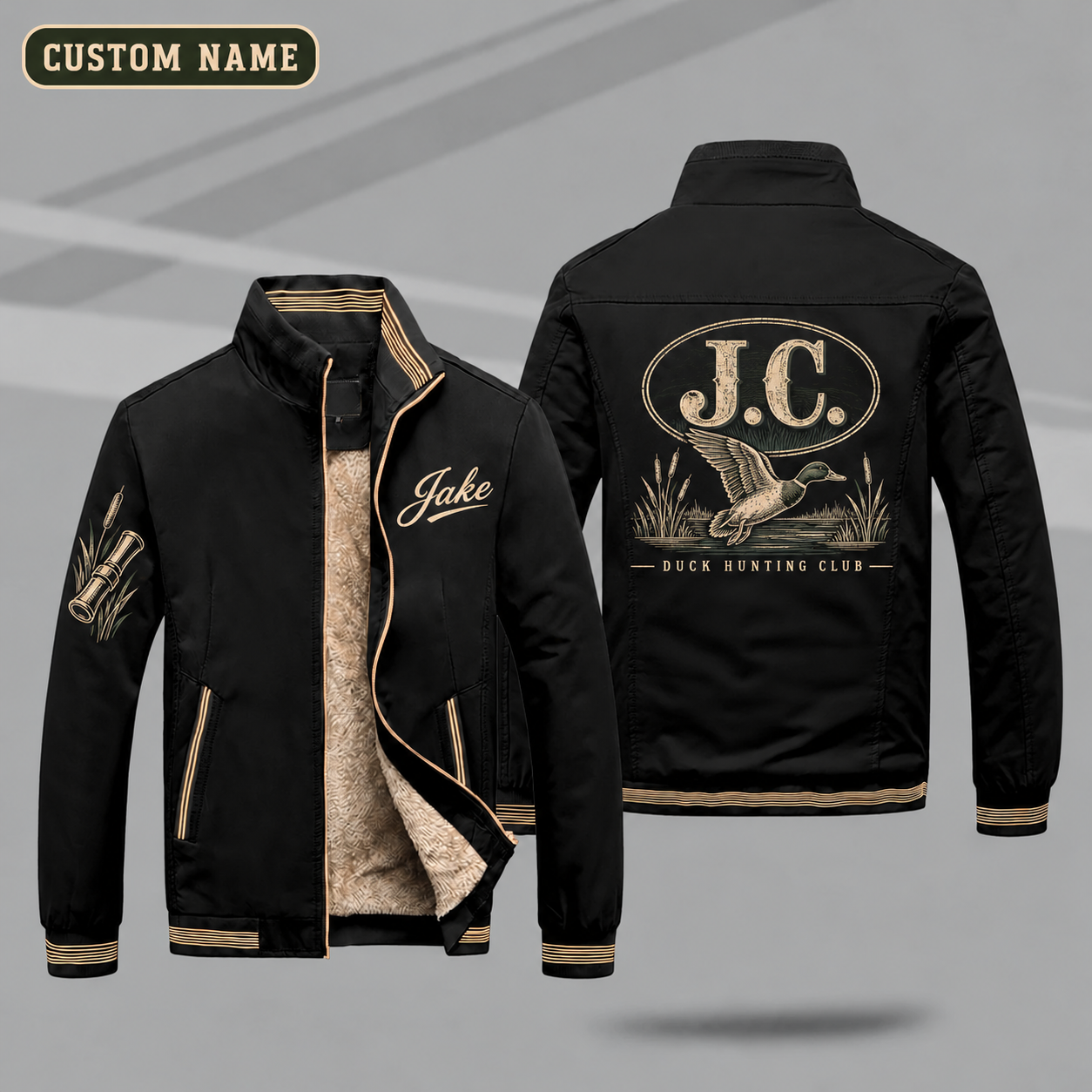 Fleece-Lined Stand Collar Jacket personalized with "J.C. Duck Hunting Monogram" and mallard in flight artwork on the back