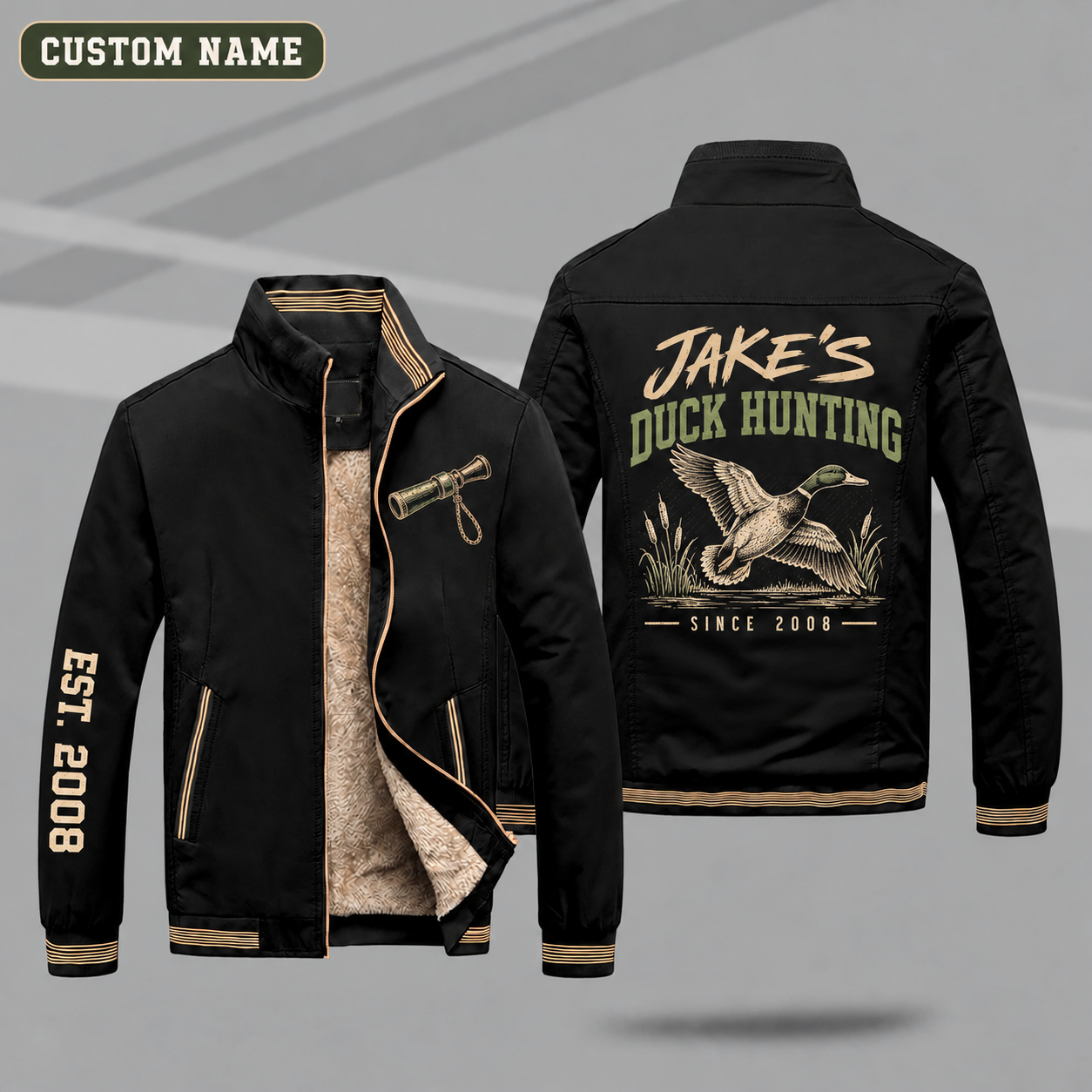 Fleece-Lined Stand Collar Jacket personalized with "Jake's Duck Hunting Since 2008" and mallard in flight artwork on the back