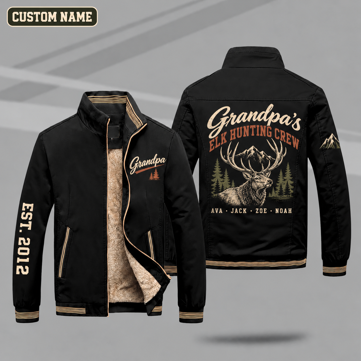 Fleece-Lined Stand Collar Jacket personalized with "Grandpa's Elk Hunting Crew" and bull elk head artwork on the back