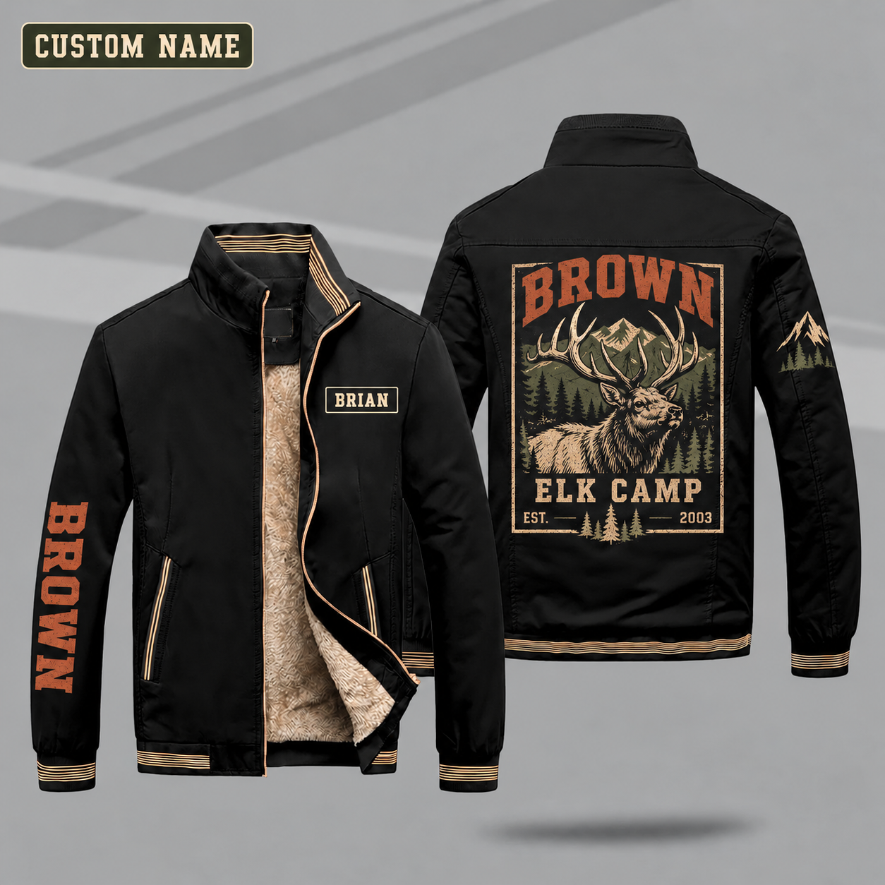 Fleece-Lined Stand Collar Jacket personalized with "Brown Elk Camp Est. 2003" and bull elk head artwork on the back