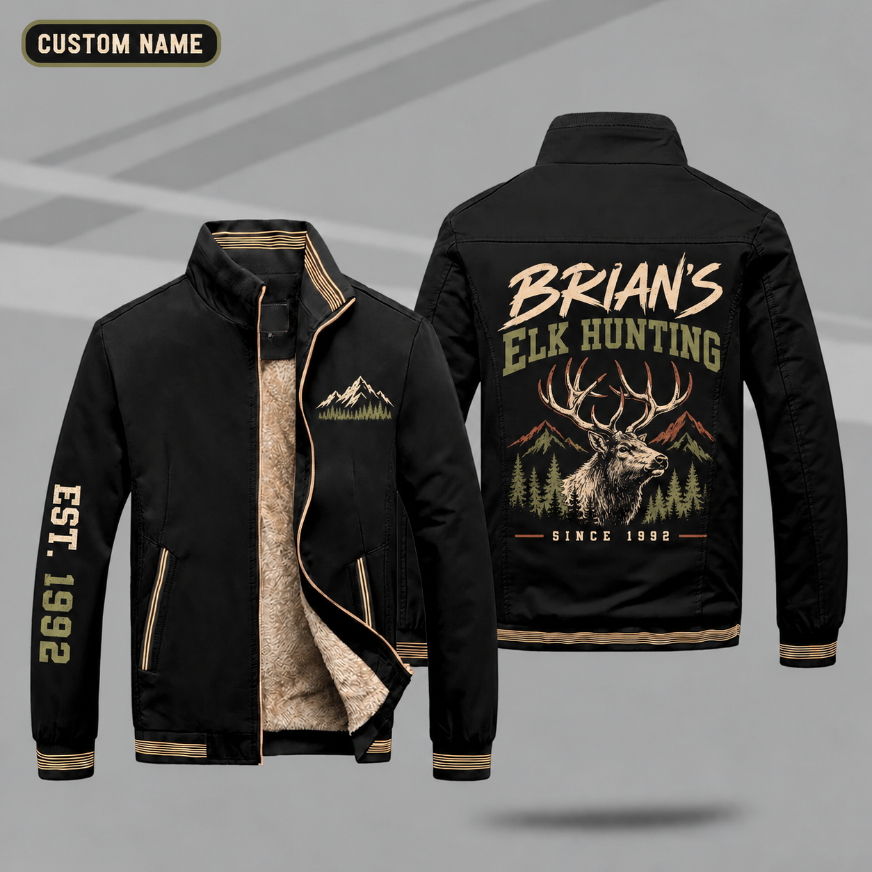 Fleece-Lined Stand Collar Jacket personalized with "Brian's Elk Hunting Since 1992" and bull elk head artwork on the back