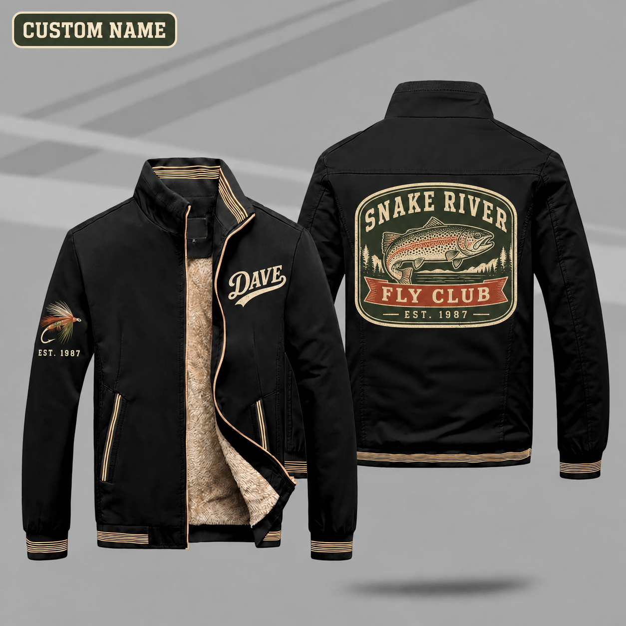 Fleece-Lined Stand Collar Jacket personalized with "Snake River Fly Club Est. 1987" and trout artwork on the back