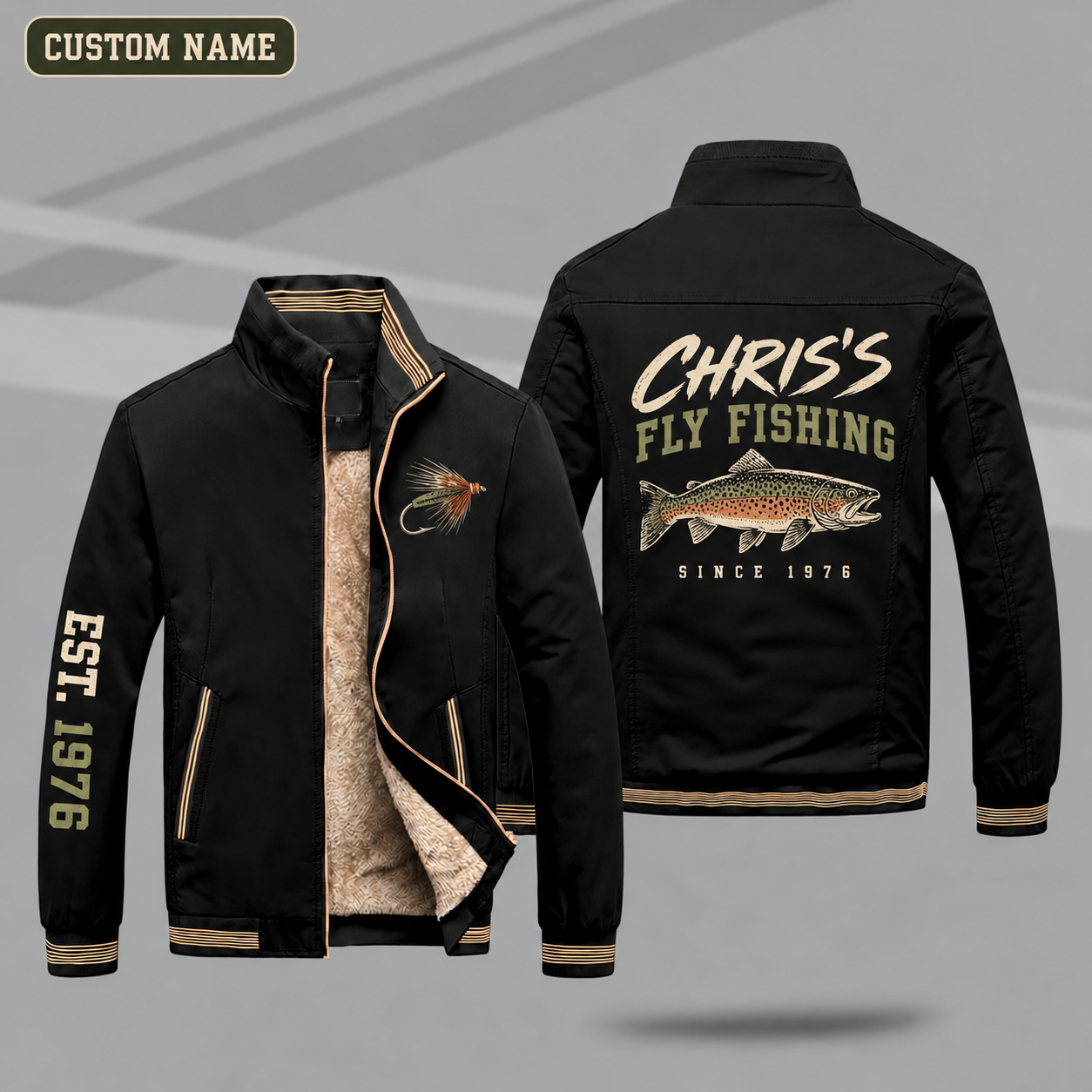Fleece-Lined Stand Collar Jacket personalized with "Chris's Fly Fishing Since 1976" and trout artwork on the back