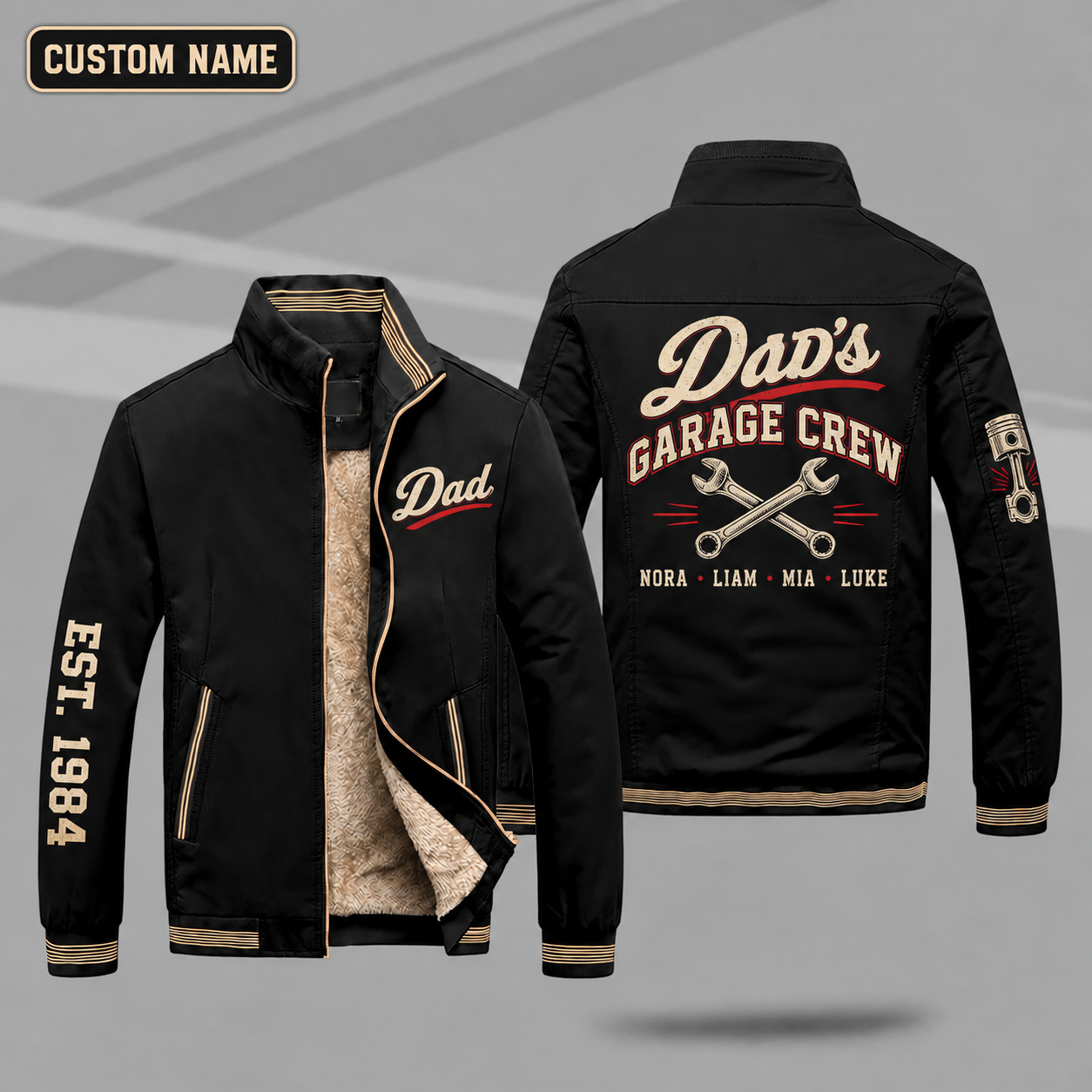 Fleece-Lined Stand Collar Jacket personalized with "Dad's Garage Crew" and crossed wrenches artwork on the back