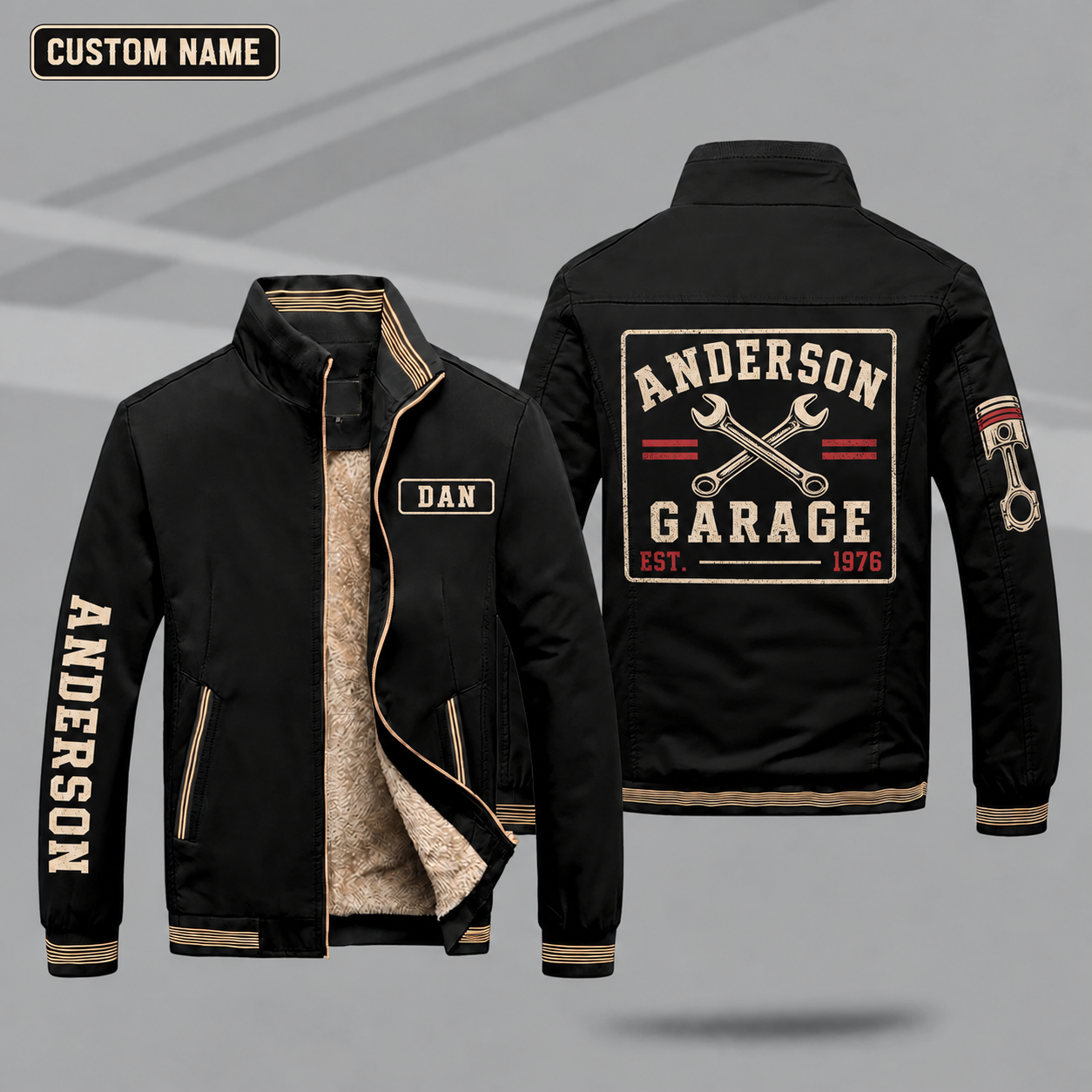 Fleece-Lined Stand Collar Jacket personalized with "Anderson Garage Est. 1976" and crossed wrenches artwork on the back
