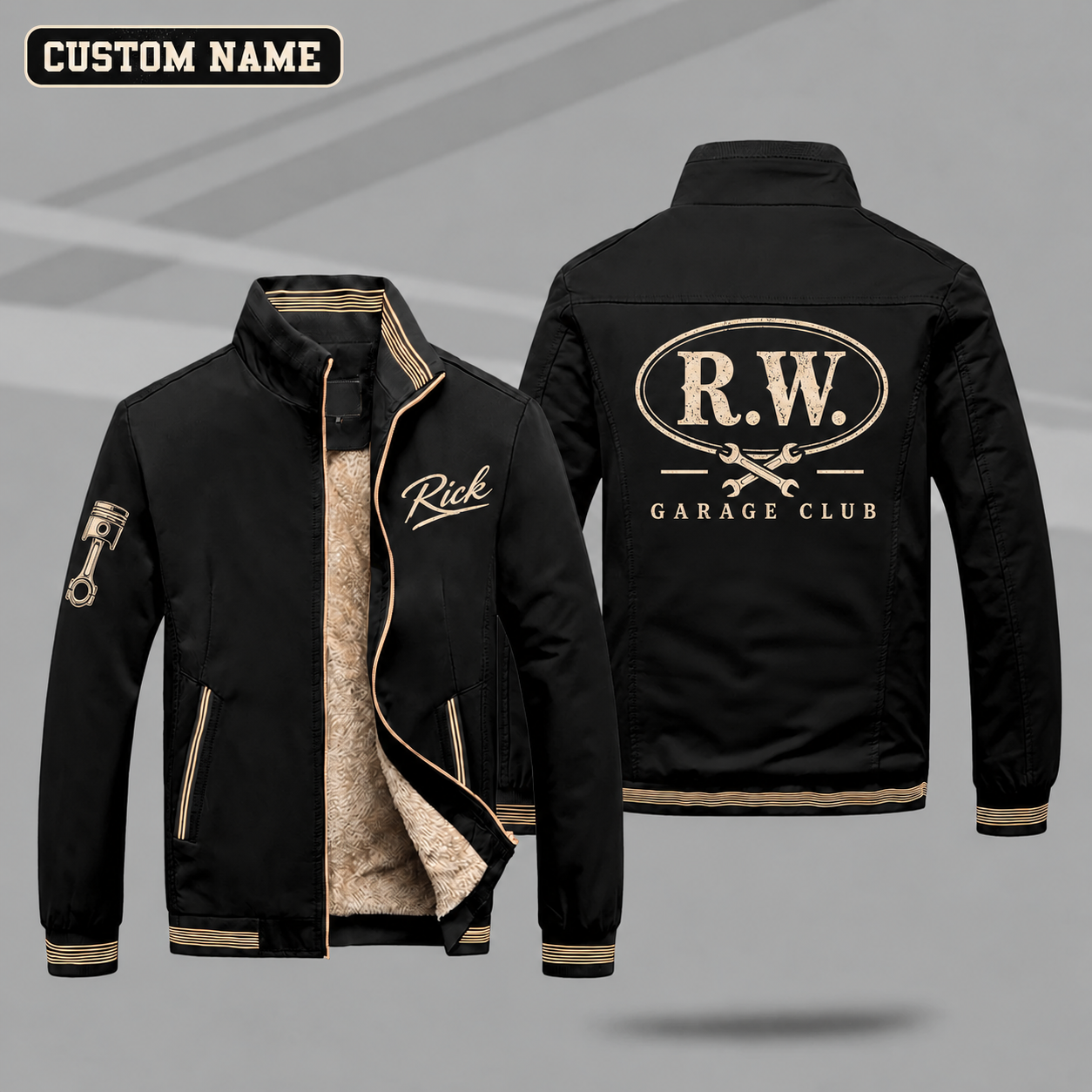 Fleece-Lined Stand Collar Jacket personalized with "R.W. Garage Monogram" and crossed wrenches artwork on the back
