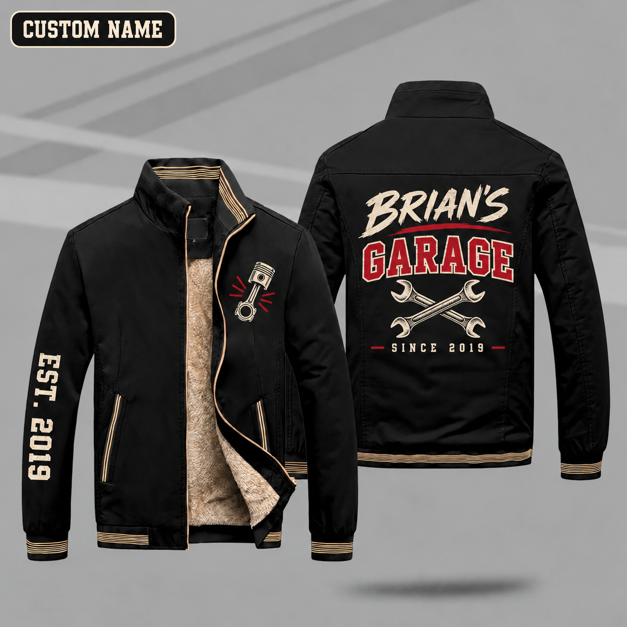 Fleece-Lined Stand Collar Jacket personalized with "Brian's Garage Since 2019" and crossed wrenches artwork on the back