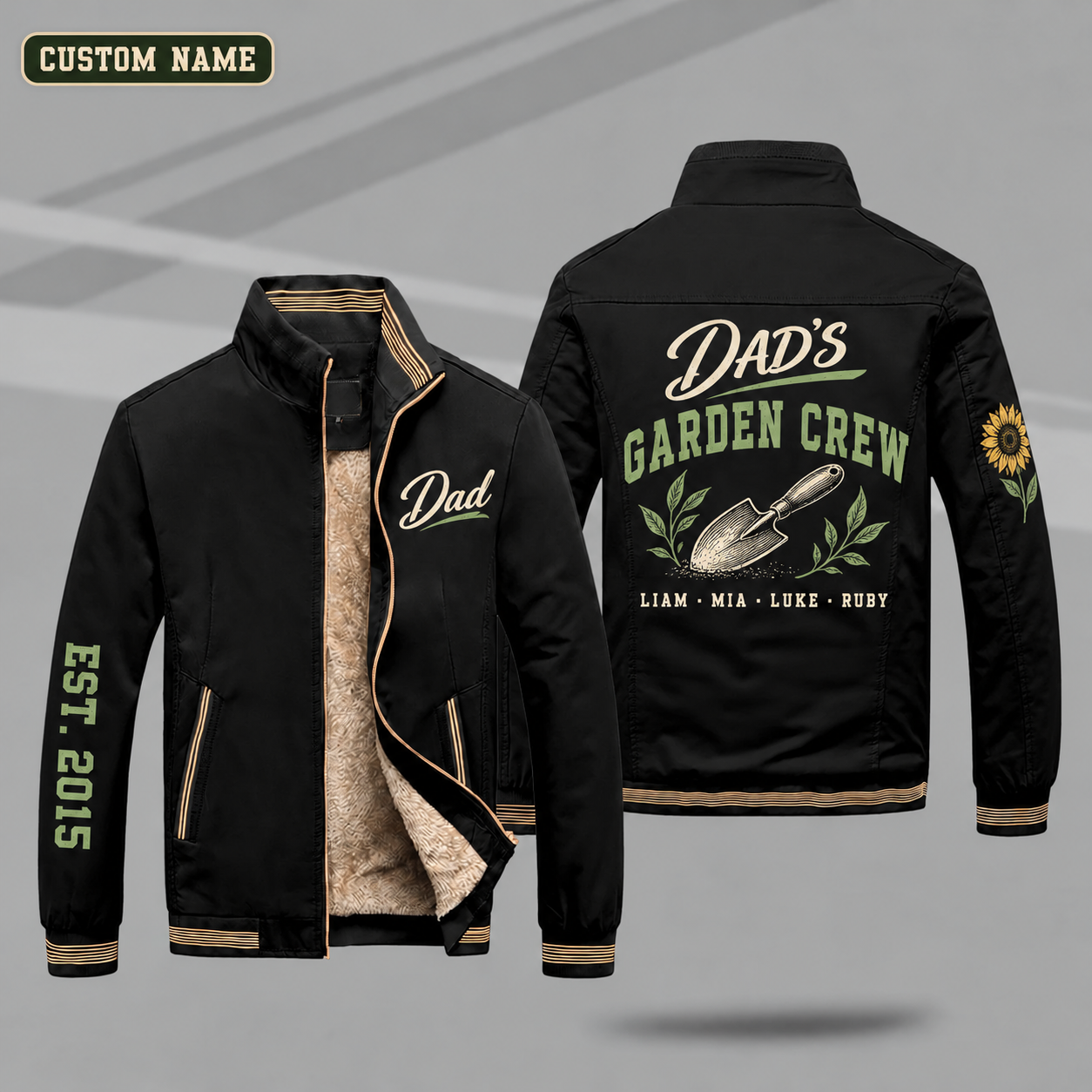 Fleece-Lined Stand Collar Jacket personalized with "Dad's Garden Crew" and trowel artwork on the back
