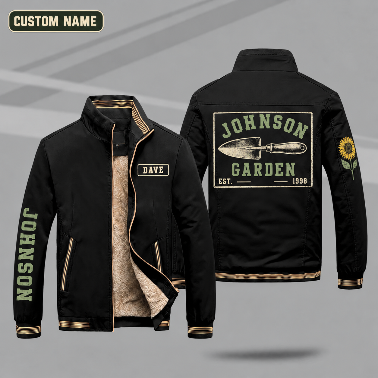 Fleece-Lined Stand Collar Jacket personalized with "Johnson Garden Est. 1998" and trowel artwork on the back