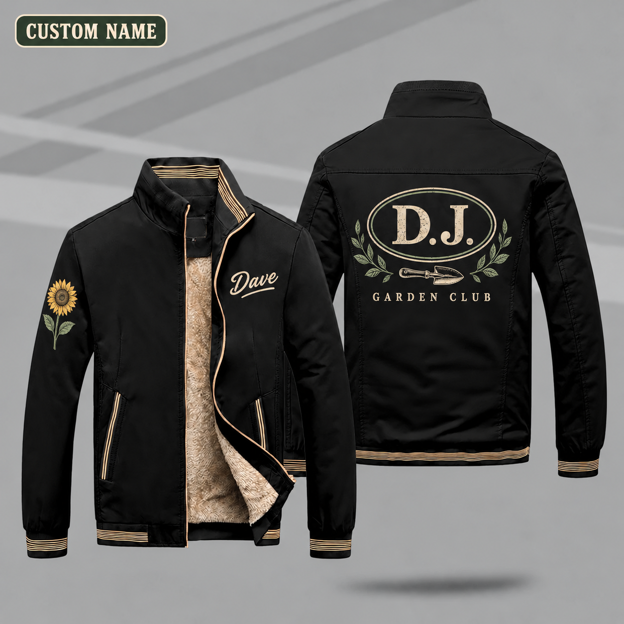 Fleece-Lined Stand Collar Jacket personalized with "D.J. Garden Monogram" and trowel artwork on the back