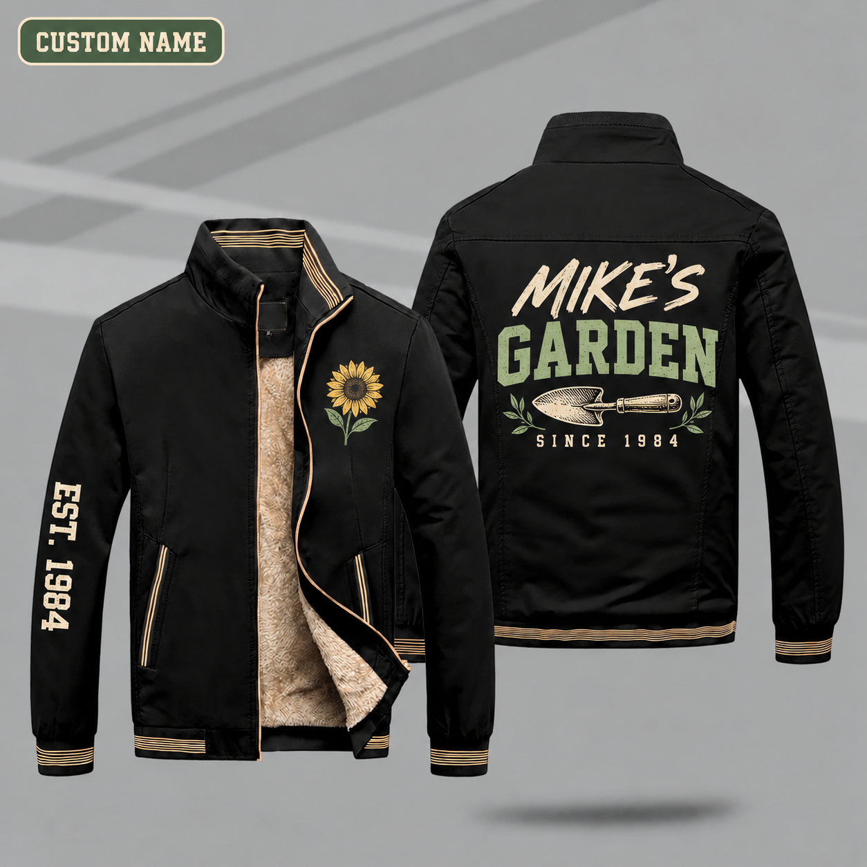 Fleece-Lined Stand Collar Jacket personalized with "Mike's Garden Since 1984" and trowel artwork on the back