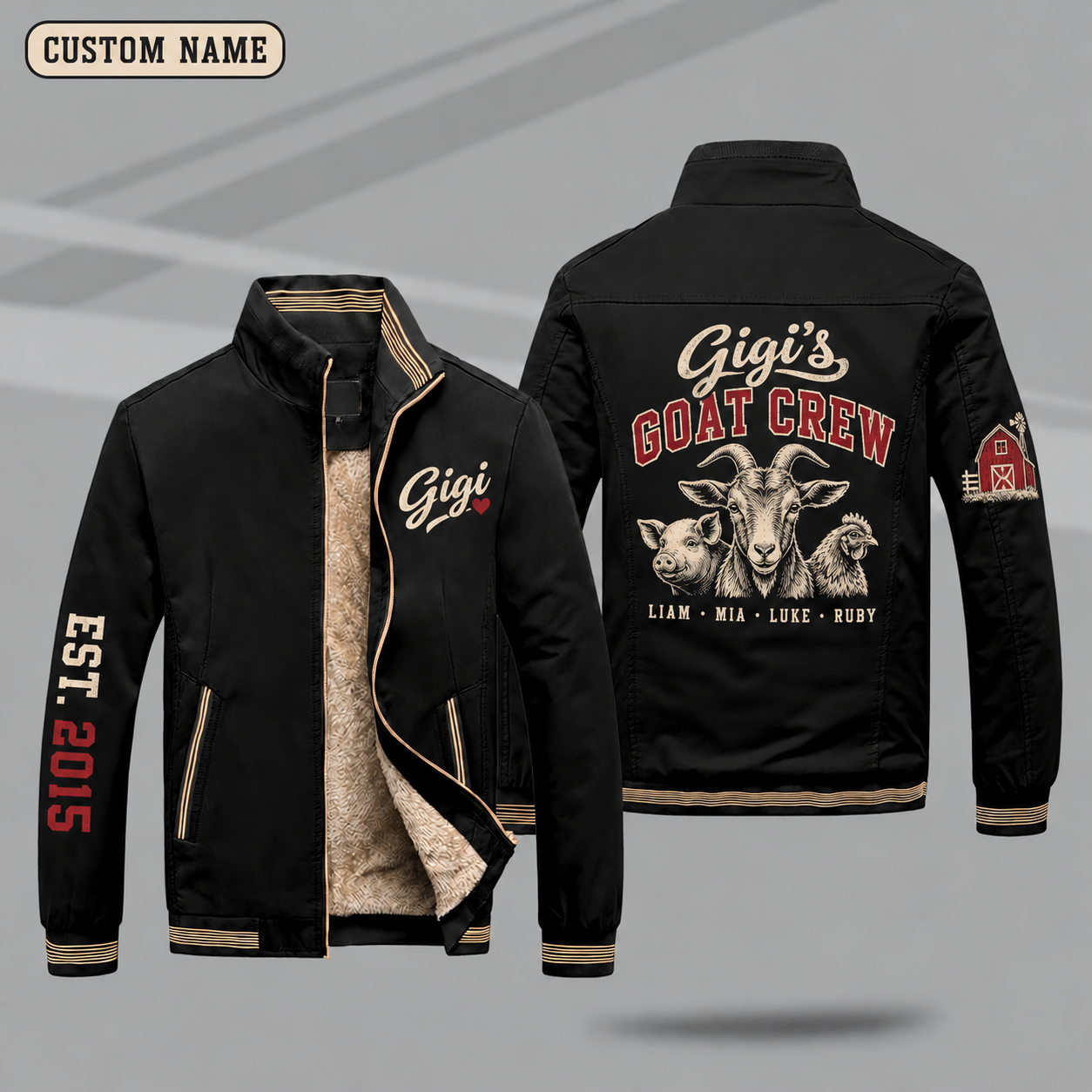 Fleece-Lined Stand Collar Jacket personalized with "Gigi's Goat Crew" and goat head artwork on the back