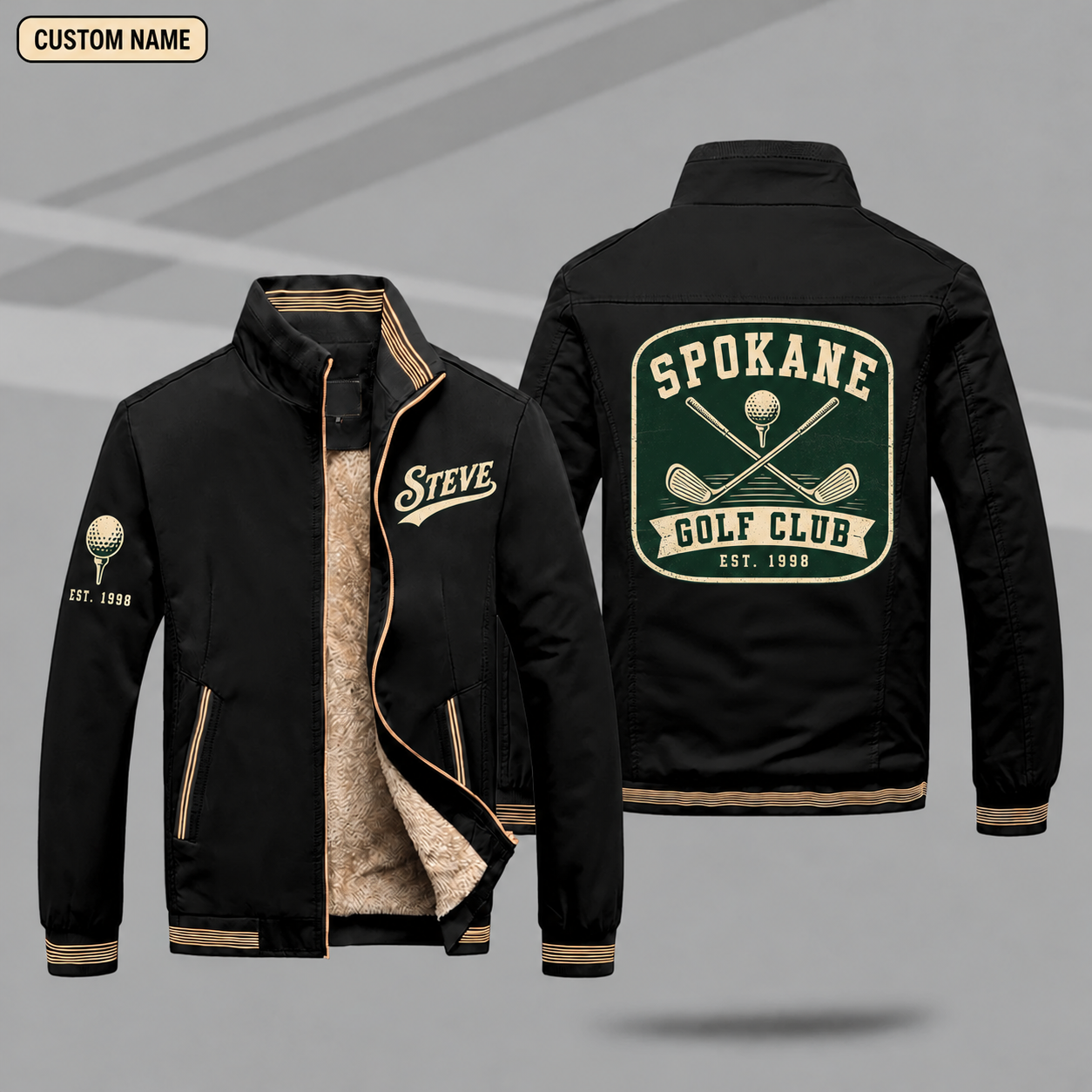 Fleece-Lined Stand Collar Jacket personalized with "Spokane Golf Club Est. 1998" and crossed golf clubs artwork on the back