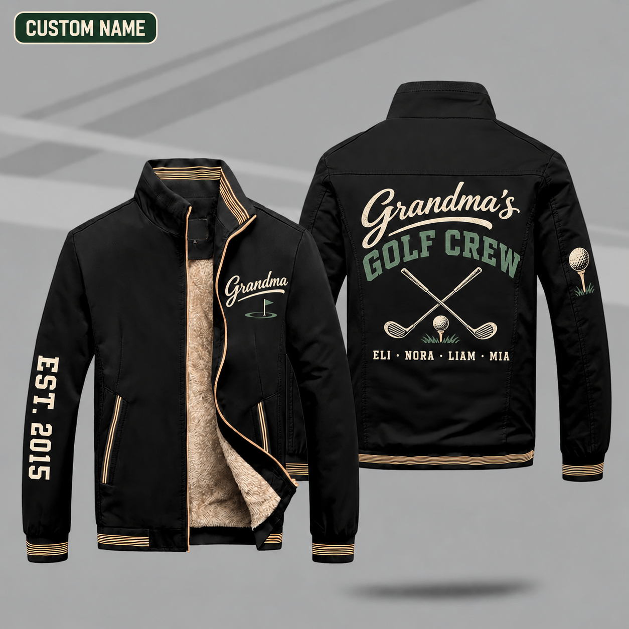 Fleece-Lined Stand Collar Jacket personalized with "Grandma's Golf Crew" and crossed golf clubs artwork on the back