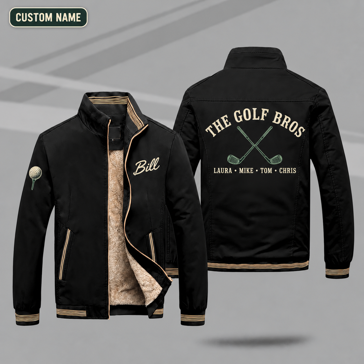 Fleece-Lined Stand Collar Jacket personalized with "The Golf Bros" and crossed golf clubs artwork on the back