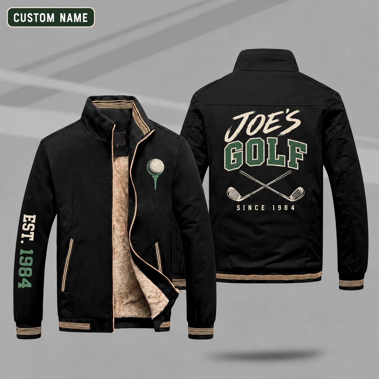 Fleece-Lined Stand Collar Jacket personalized with "Joe's Golf Since 1984" and crossed golf clubs artwork on the back