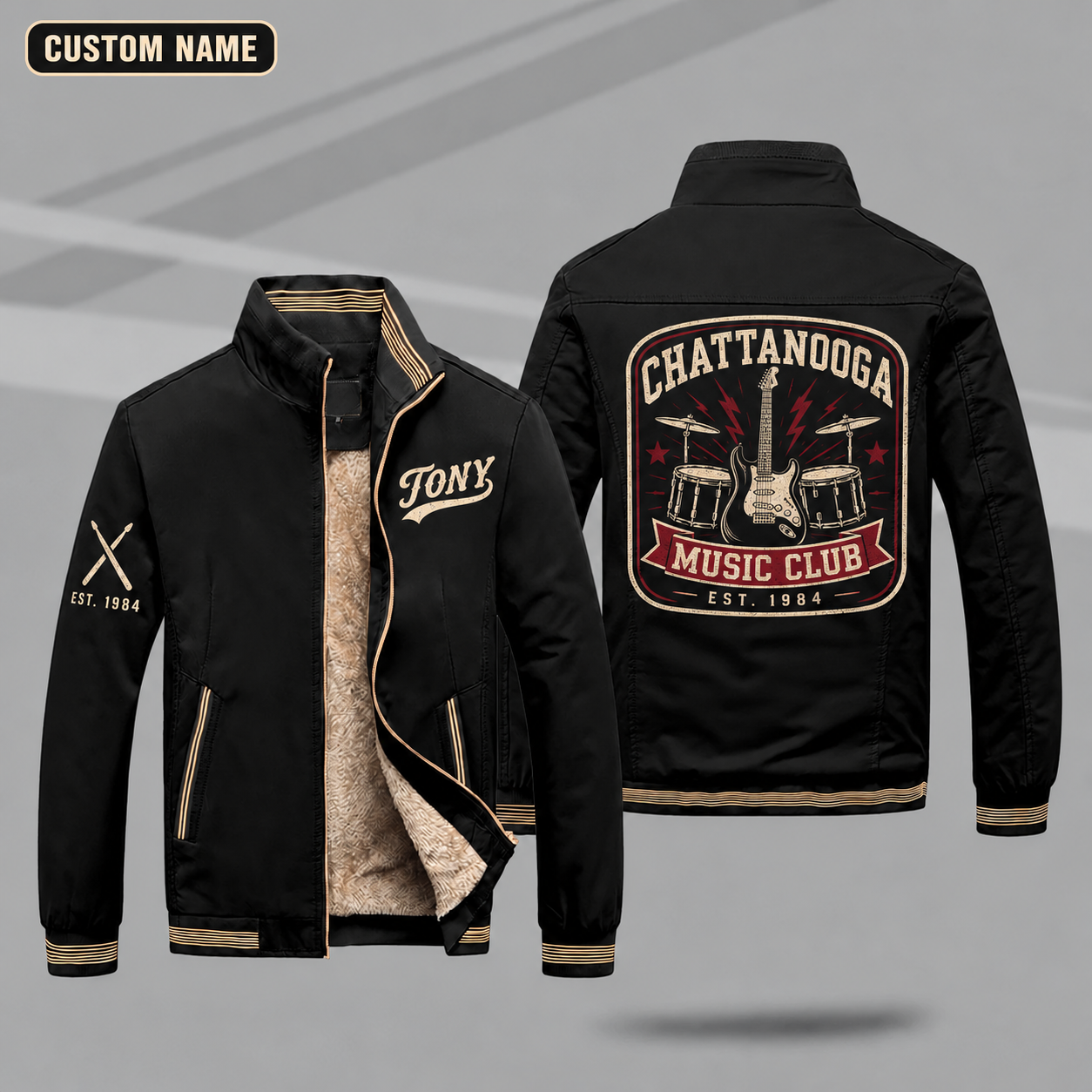 Fleece-Lined Stand Collar Jacket personalized with "Chattanooga Music Club Est. 1984" and electric guitar artwork on the back