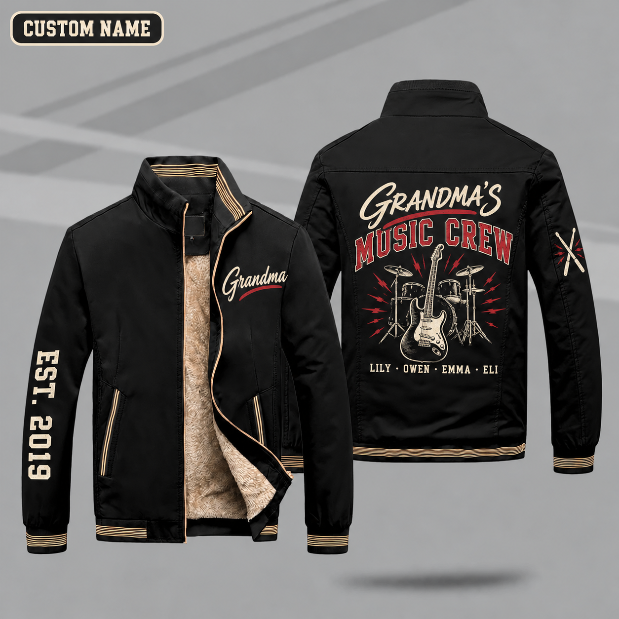 Fleece-Lined Stand Collar Jacket personalized with "Grandma's Music Crew" and electric guitar artwork on the back
