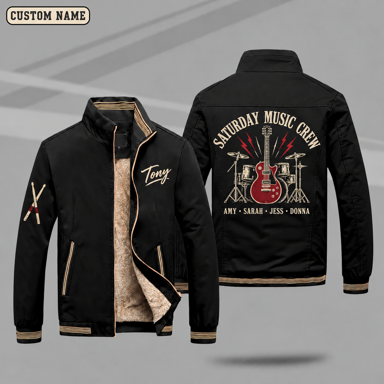Fleece-Lined Stand Collar Jacket personalized with "Saturday Music Crew" and electric guitar artwork on the back