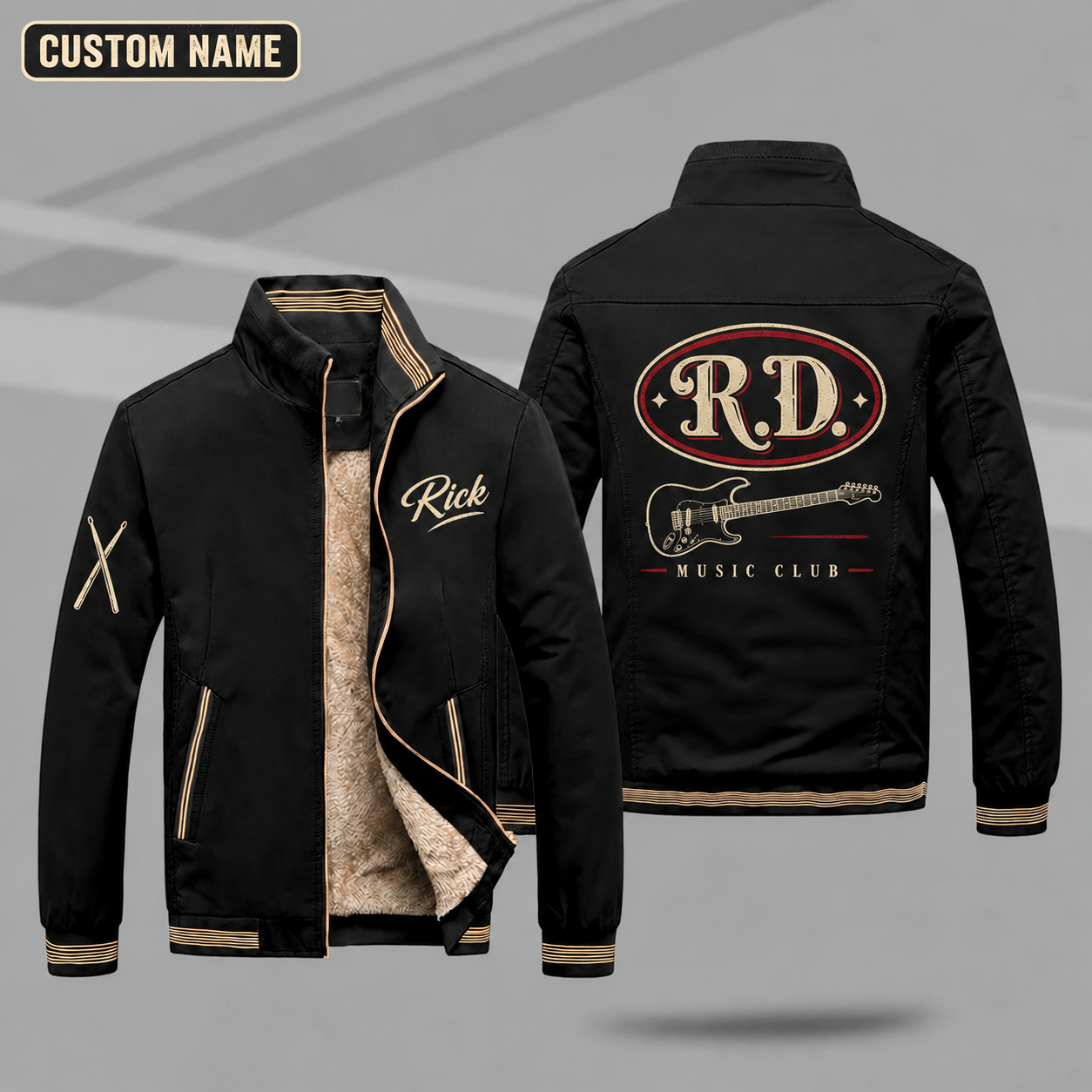Fleece-Lined Stand Collar Jacket personalized with "R.D. Music Monogram" and electric guitar artwork on the back