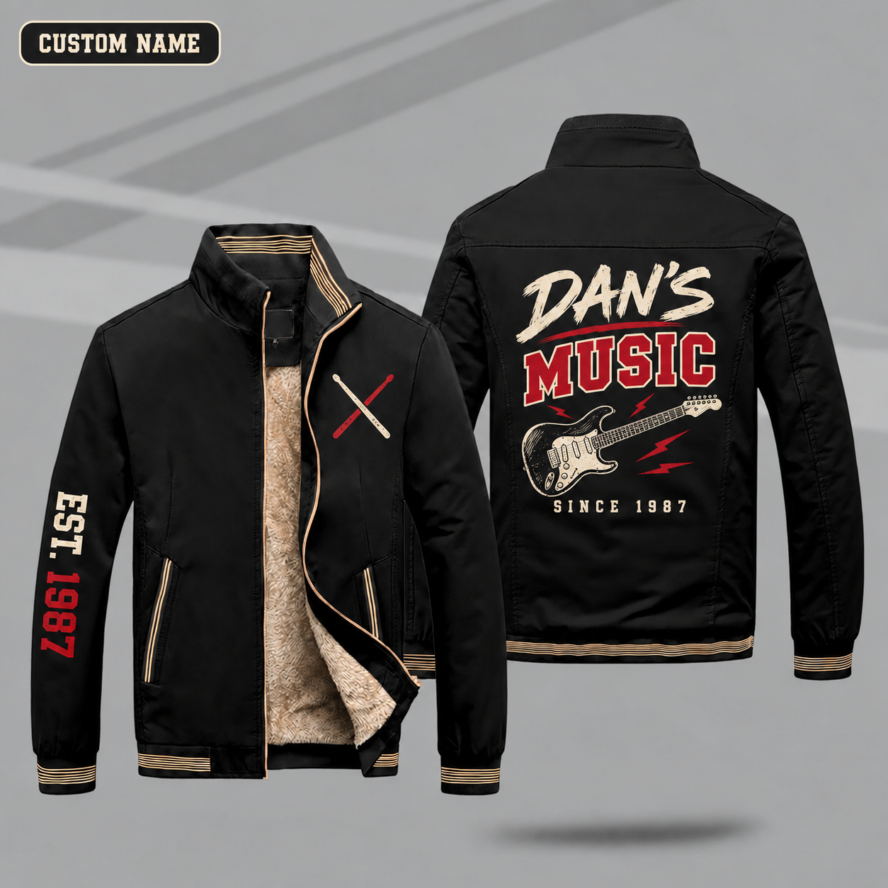 Fleece-Lined Stand Collar Jacket personalized with "Dan's Music Since 1987" and electric guitar artwork on the back