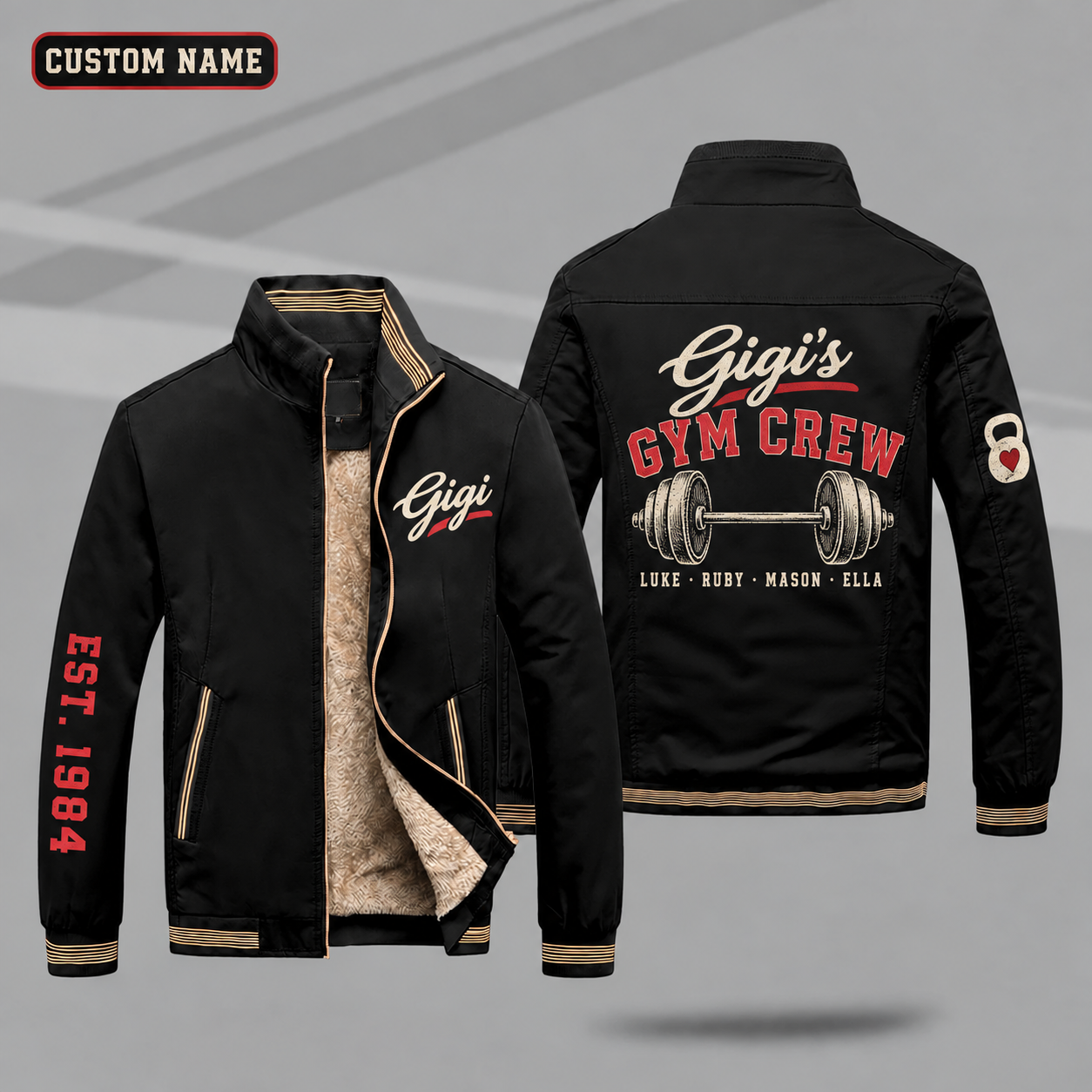 Fleece-Lined Stand Collar Jacket personalized with "Gigi's Gym Crew" and barbell artwork on the back