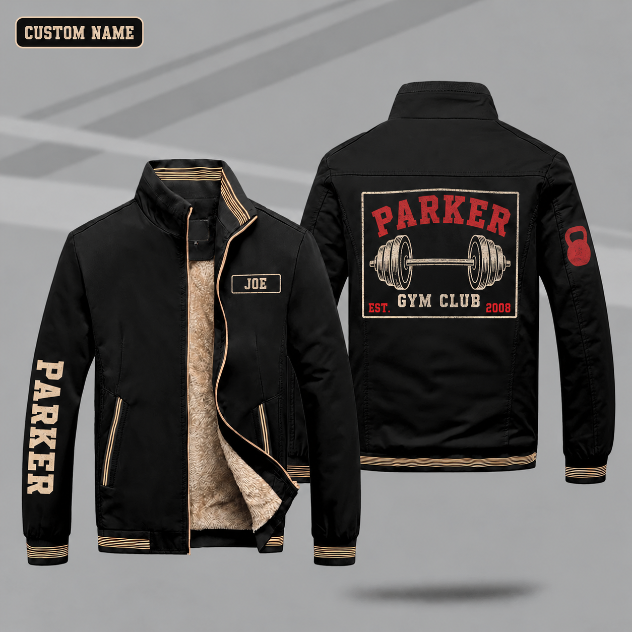 Fleece-Lined Stand Collar Jacket personalized with "Parker Gym Club Est. 2008" and barbell artwork on the back