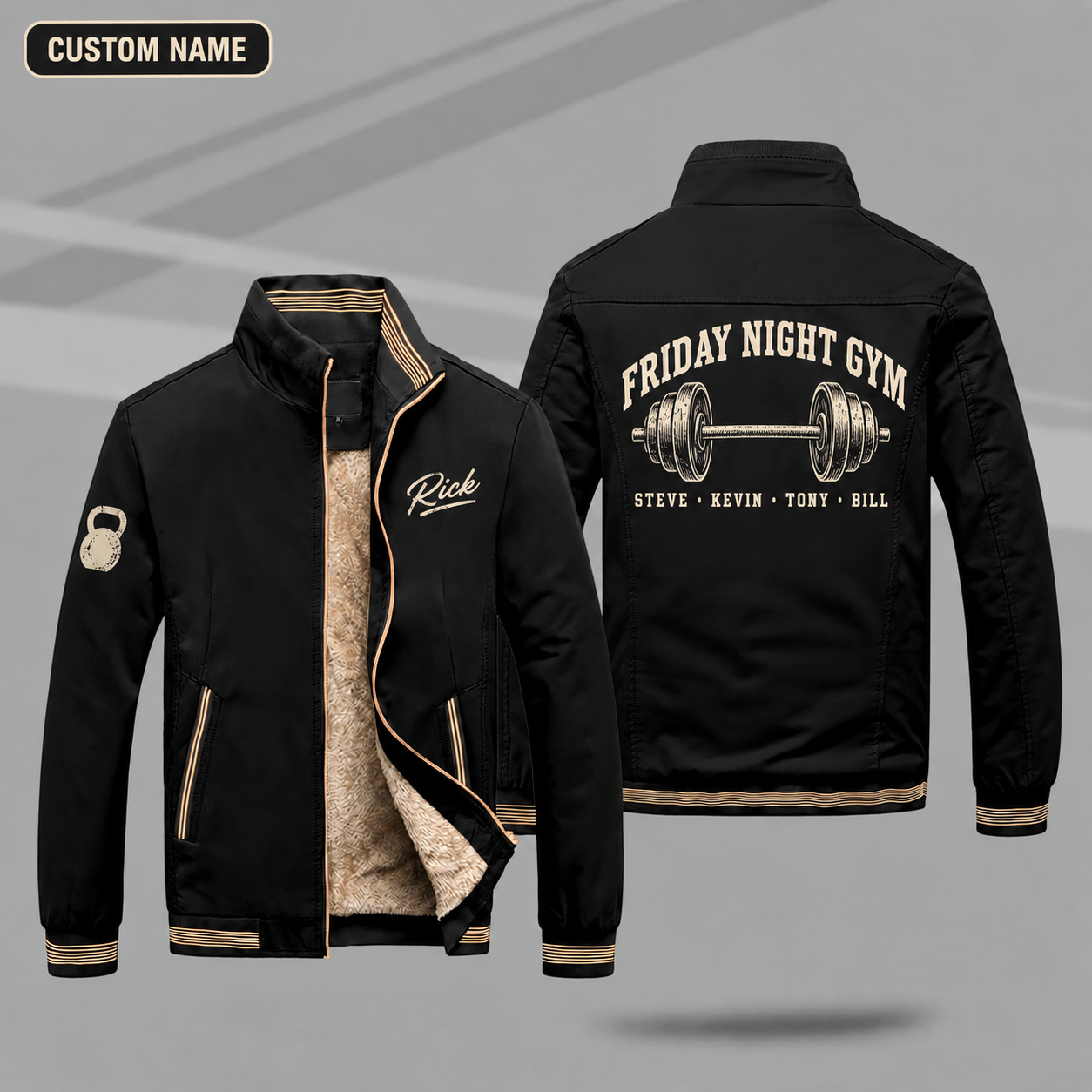 Fleece-Lined Stand Collar Jacket personalized with "Friday Night Gym" and barbell artwork on the back