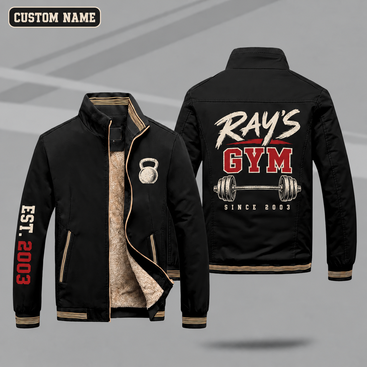 Fleece-Lined Stand Collar Jacket personalized with "Ray's Gym Since 2003" and barbell artwork on the back