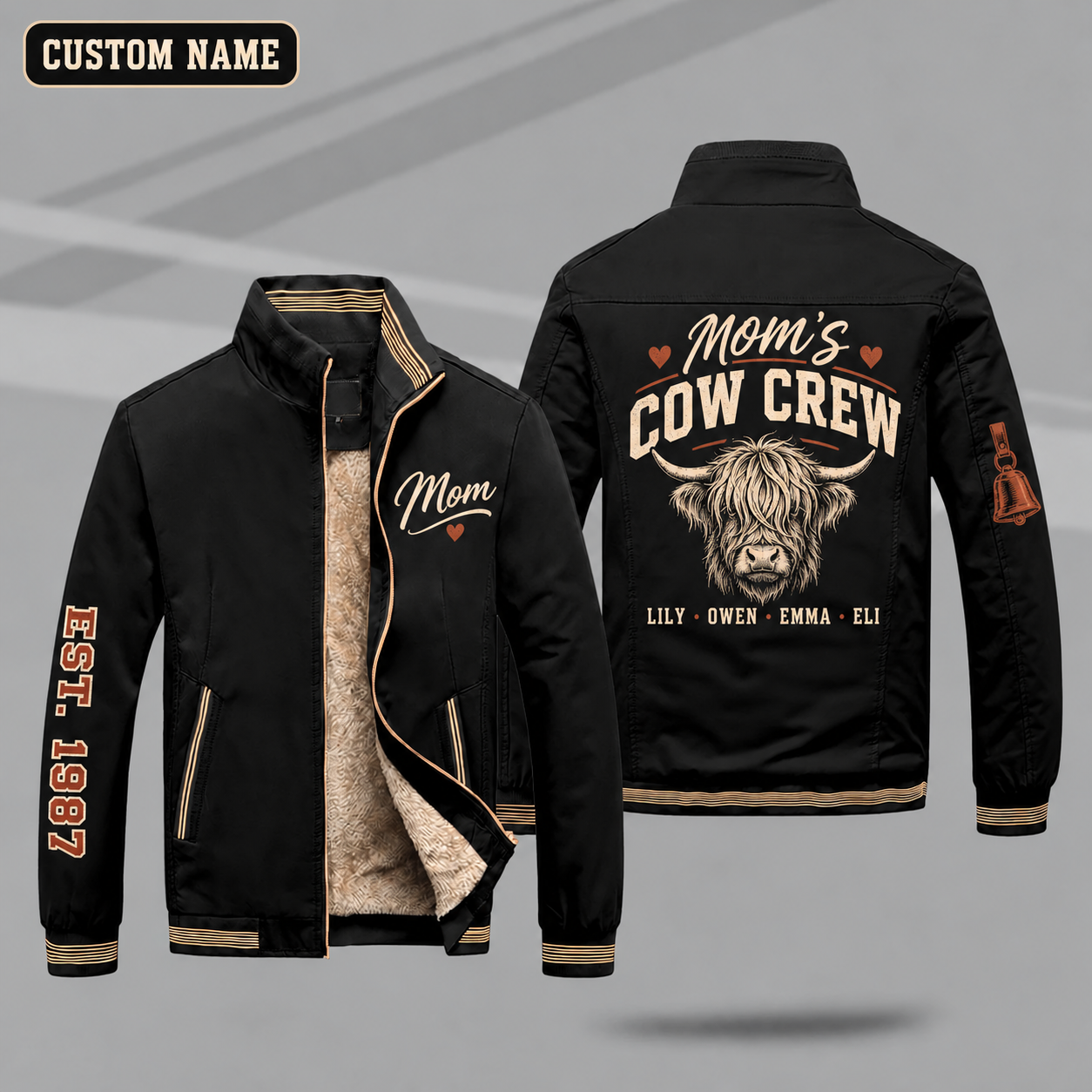 Fleece-Lined Stand Collar Jacket personalized with "Mom's Cow Crew" and highland cow head with long fringe artwork on the back