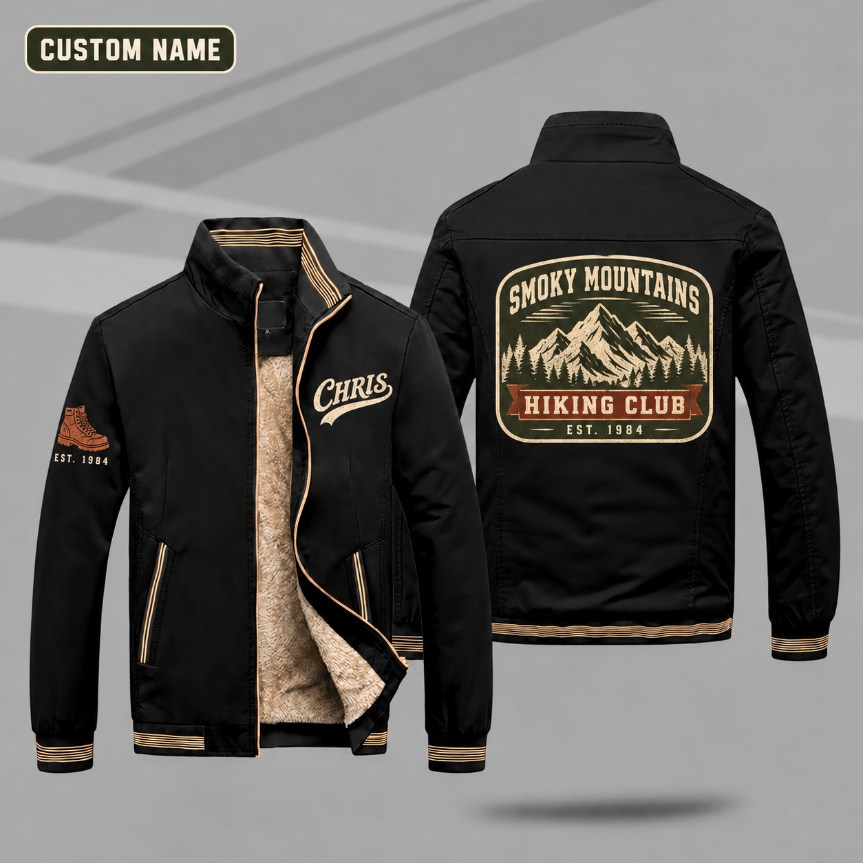 Fleece-Lined Stand Collar Jacket personalized with "Smoky Mountains Hiking Club Est. 1984" and mountain peak artwork on the back