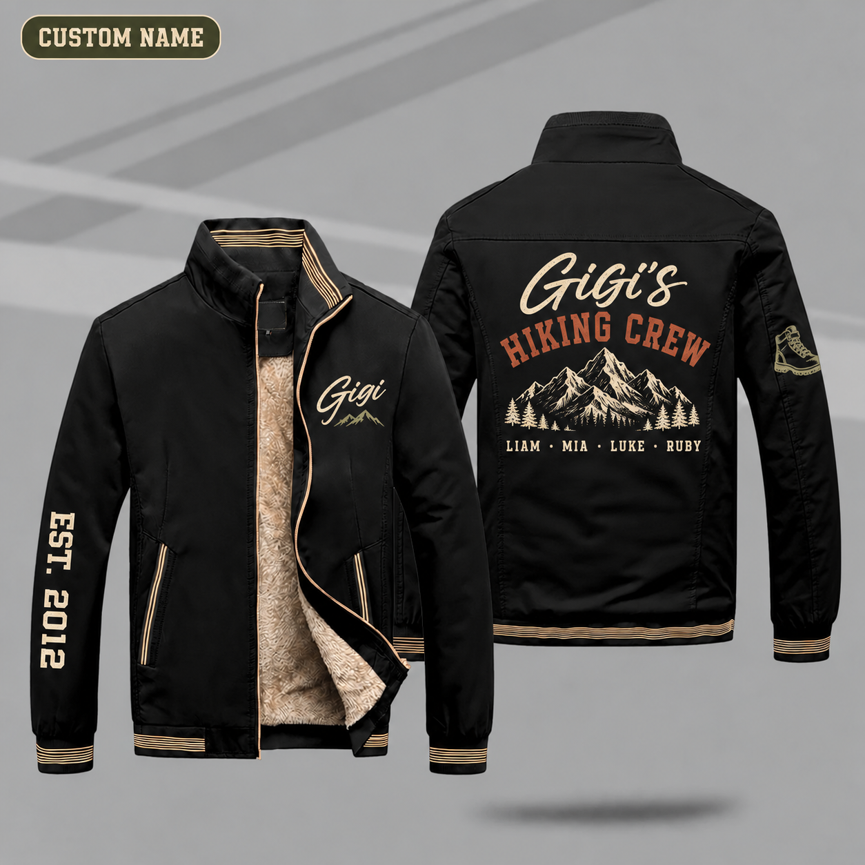 Fleece-Lined Stand Collar Jacket personalized with "Gigi's Hiking Crew" and mountain peak artwork on the back