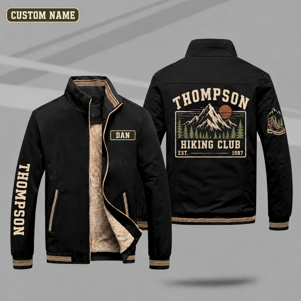 Fleece-Lined Stand Collar Jacket personalized with "Thompson Hiking Club Est. 1987" and mountain peak artwork on the back