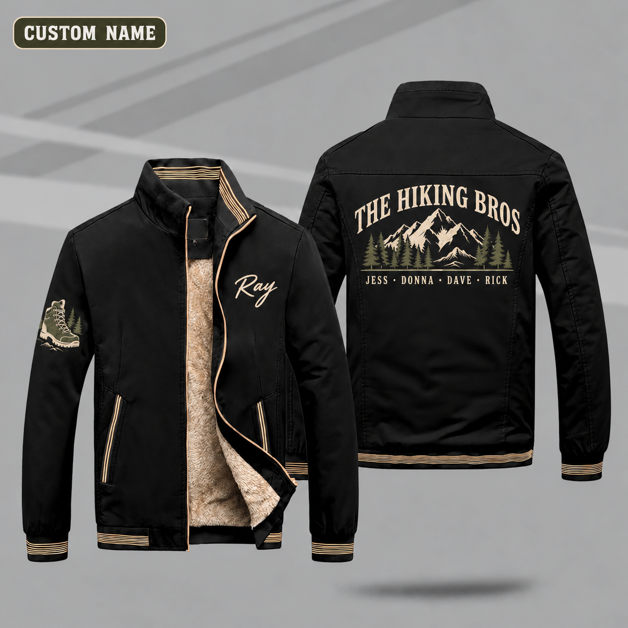 Fleece-Lined Stand Collar Jacket personalized with "The Hiking Bros" and mountain peak artwork on the back