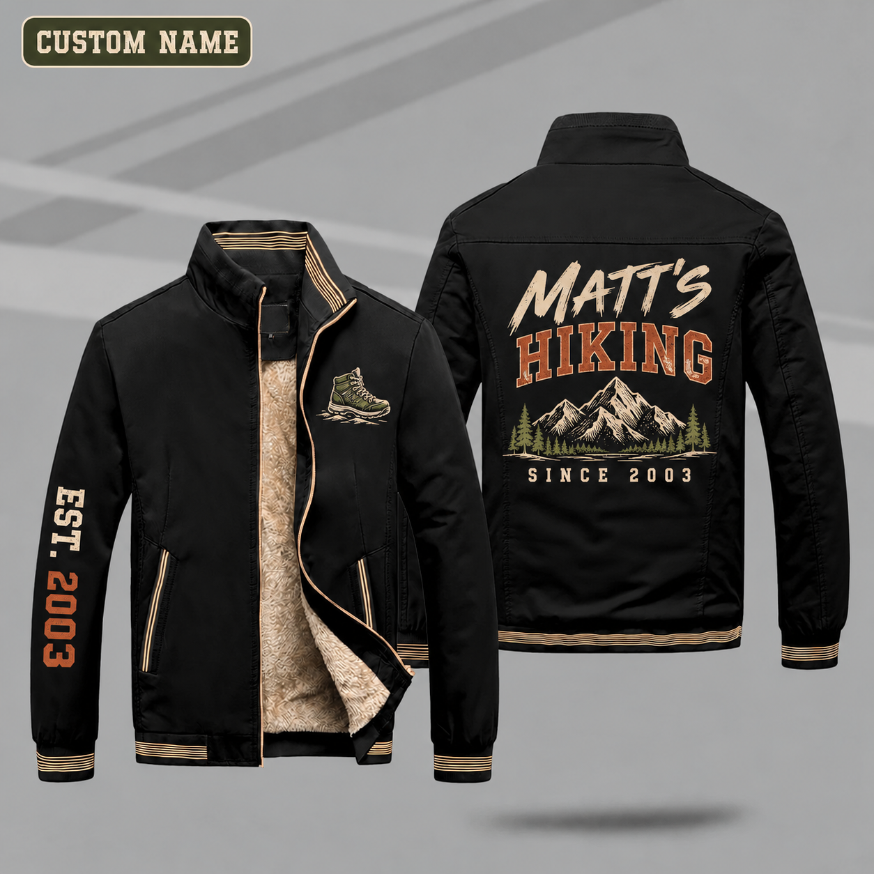Fleece-Lined Stand Collar Jacket personalized with "Matt's Hiking Since 2003" and mountain peak artwork on the back