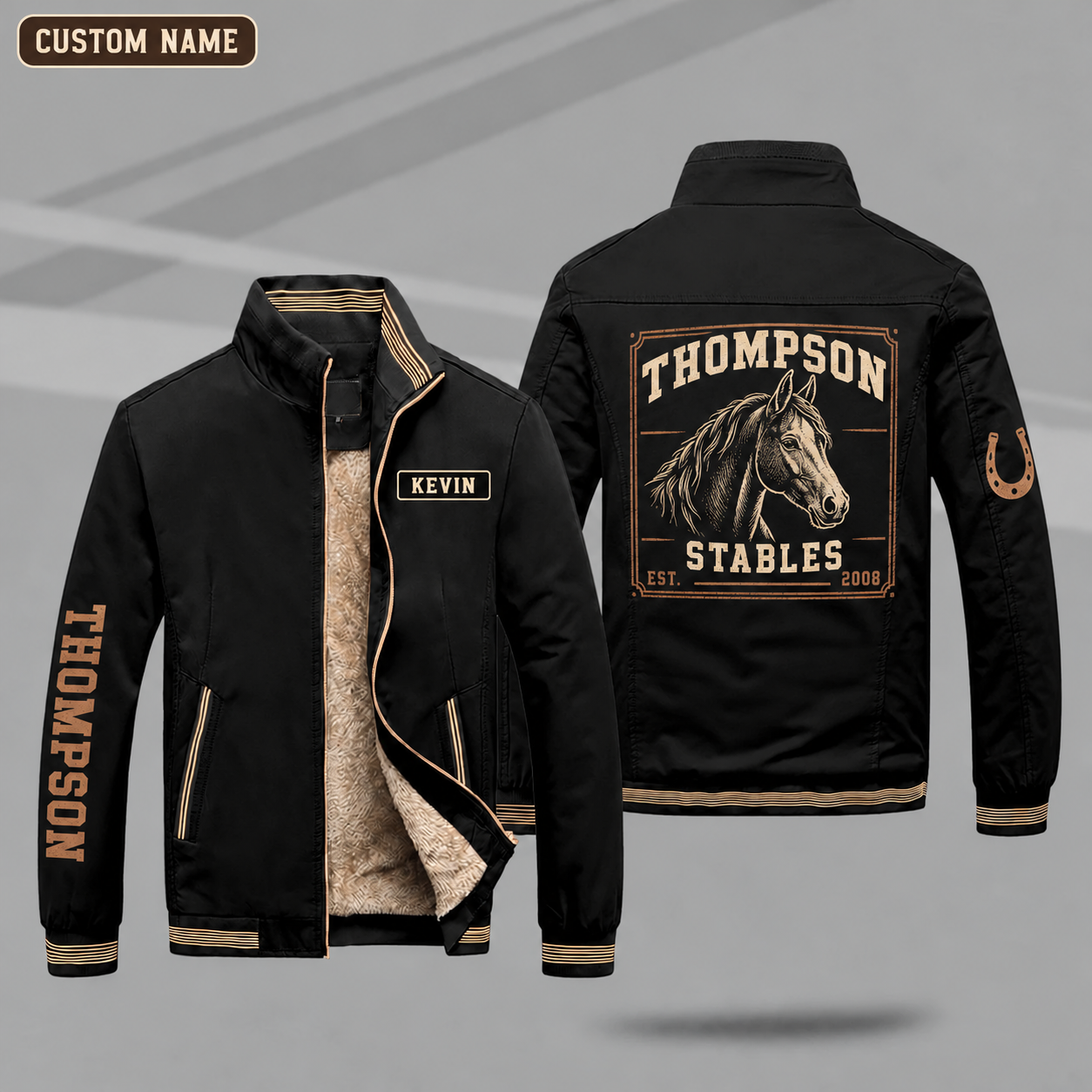 Fleece-Lined Stand Collar Jacket personalized with "Thompson Stables Est. 2008" and quarter horse head artwork on the back