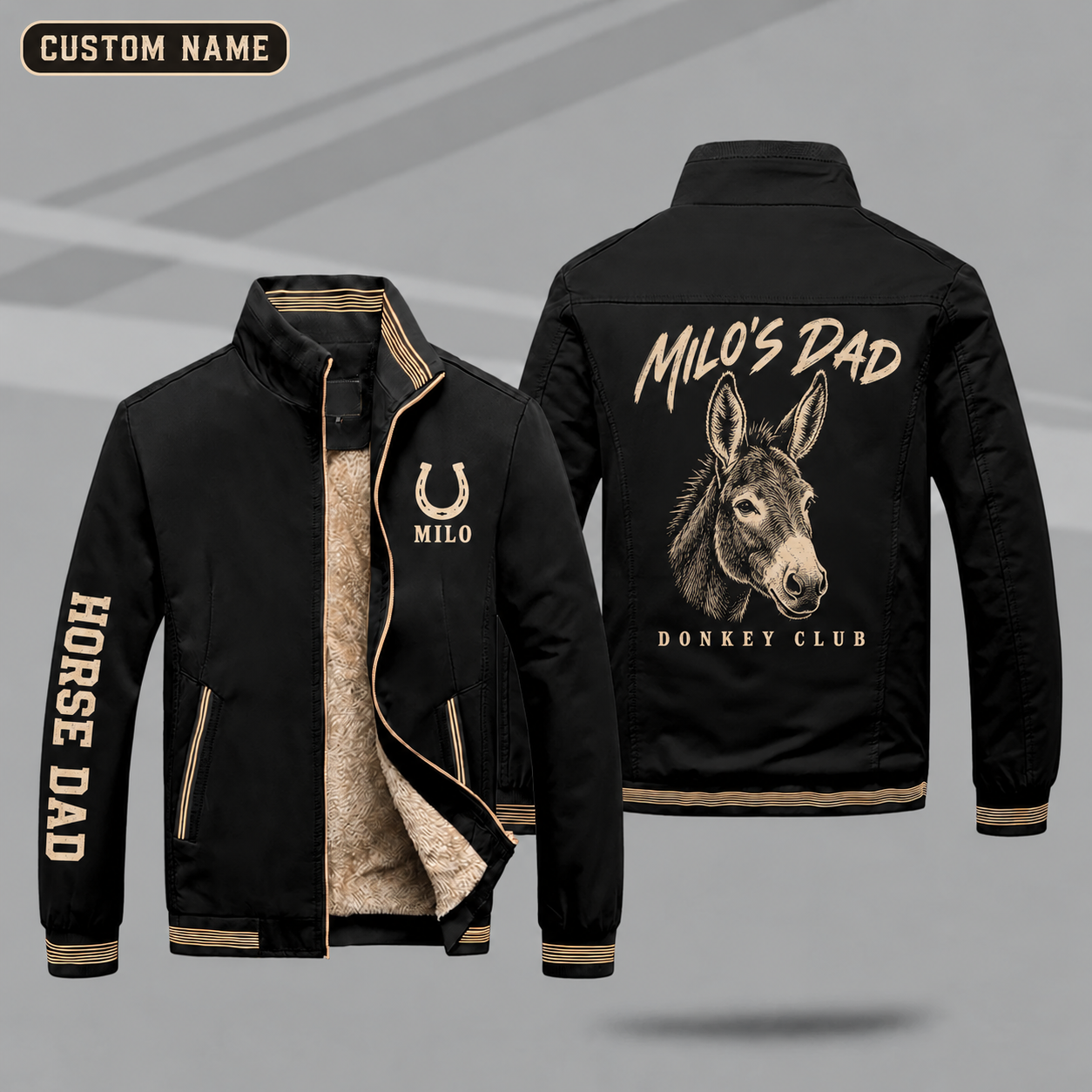 Fleece-Lined Stand Collar Jacket personalized with "Donkey Dad" and donkey head artwork on the back