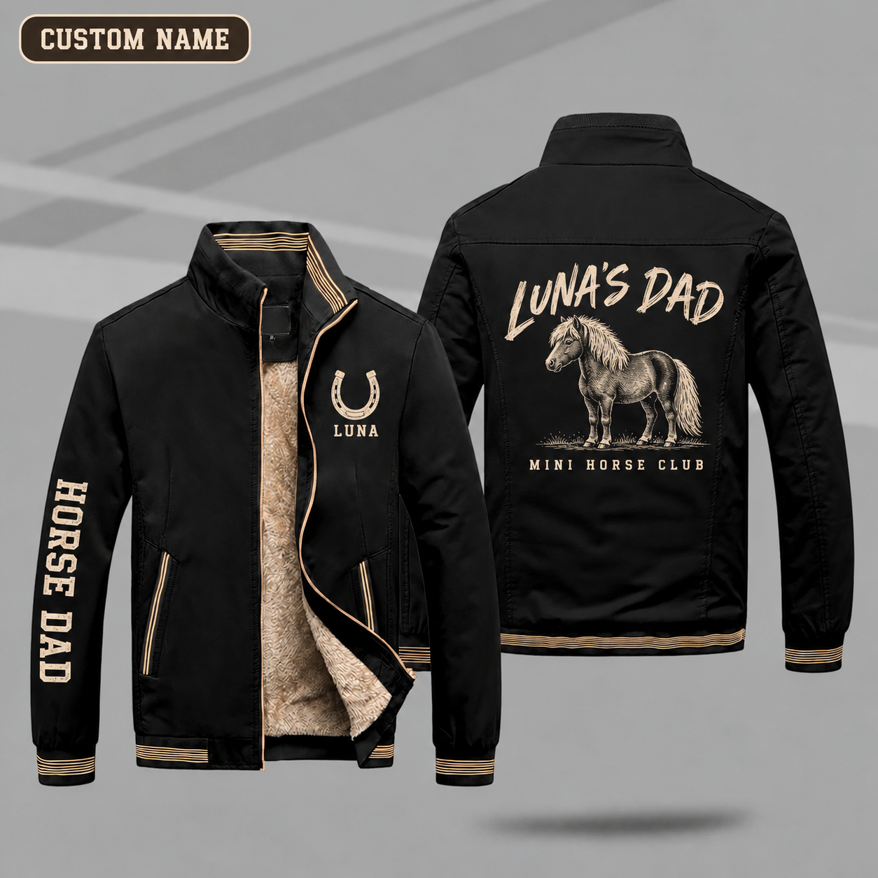Fleece-Lined Stand Collar Jacket personalized with "Mini Horse Dad" and miniature horse artwork on the back